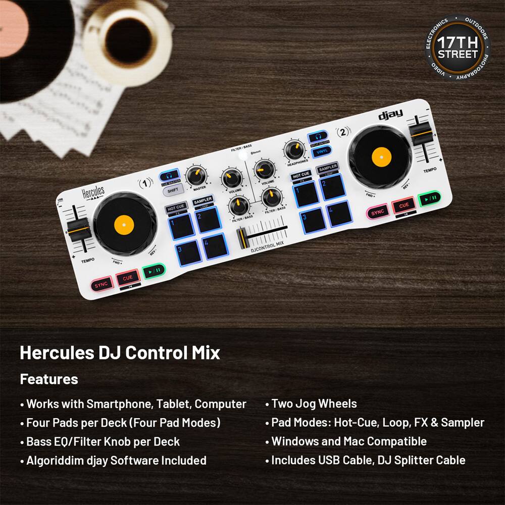 Hercules DJ Control Mix

Features
- Works with Smartphone, Tablet, Computer
- Four Pads per Deck (Four Pad Modes)
- Bass EQ/Filter Knob per Deck
- Algoriddim djay Software Included
- Two Jog Wheels
- Pad Modes: Hot-Cue, Loop, FX & Sampler
- Windows and Mac Compatible
- Includes USB Cable, DJ Splitter Cable