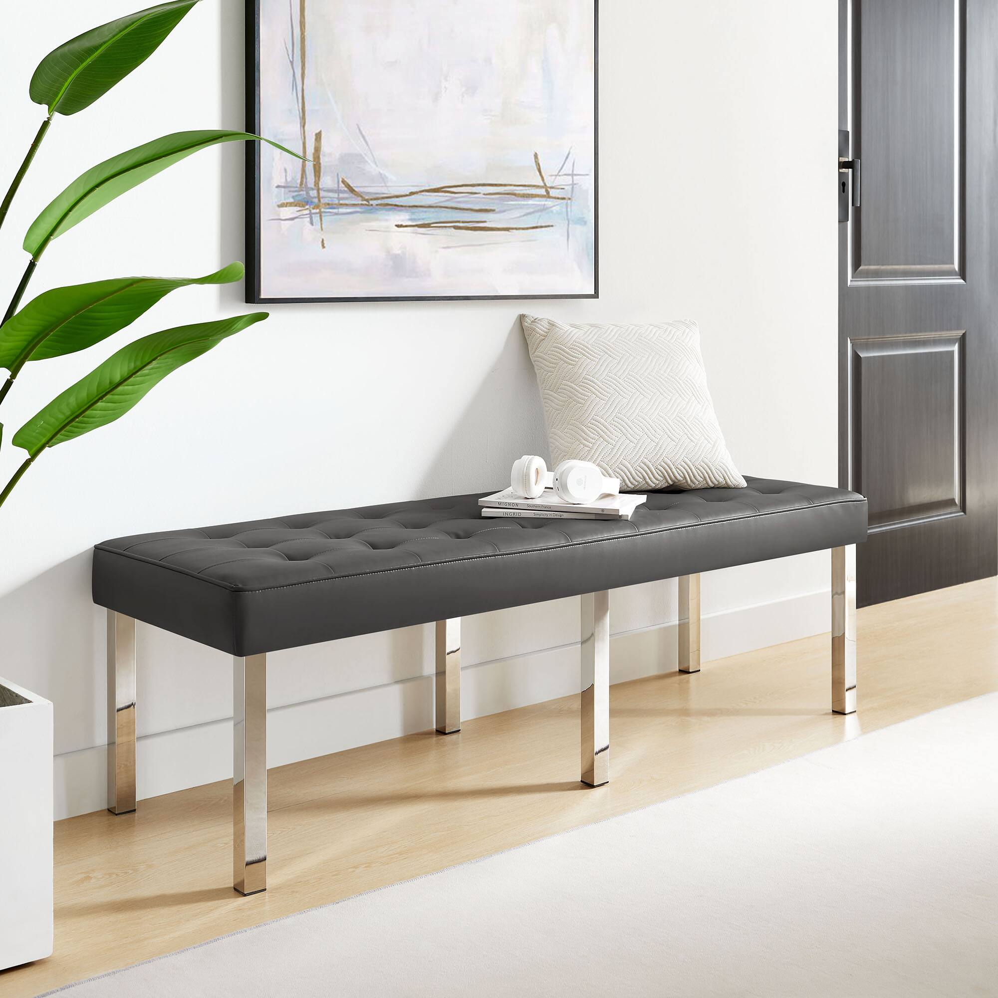 Alt View 1. Modway - Loft Tufted Vegan Leather Bench by Modway - Silver Gray.