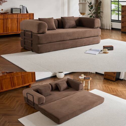 Angle. Anysun - Corduroy Convertible Sleeper Sofa Bed with Cylindrical Pillow - Folding Mattress Couch for Living Room & Bedroom - Brown.