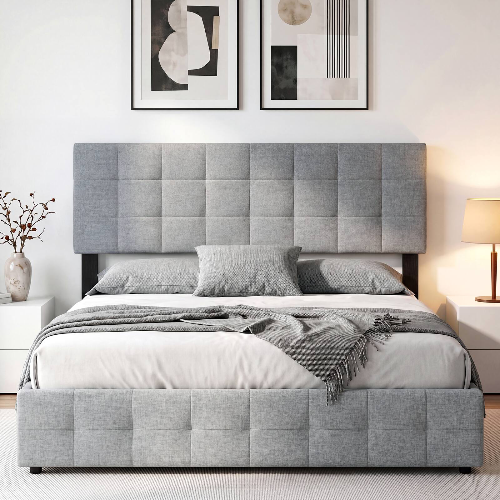 Alt View 4. Gymax - Gymax Upholstered Headboard Queen/Full Size Quilted Grid Linen Fabric Bed Frame Gray - Gray.