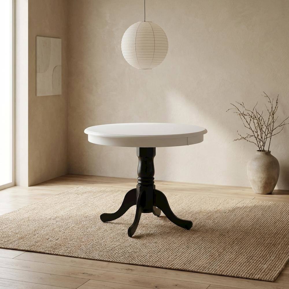 Back. FurniFact - Linen White Round Pedestal Dining Table - White & Black.