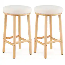 Costway - 27" Bar Stools Set of 2 Upholstered Barstools with Boucle Fabric Seats Footrests - White,Natural