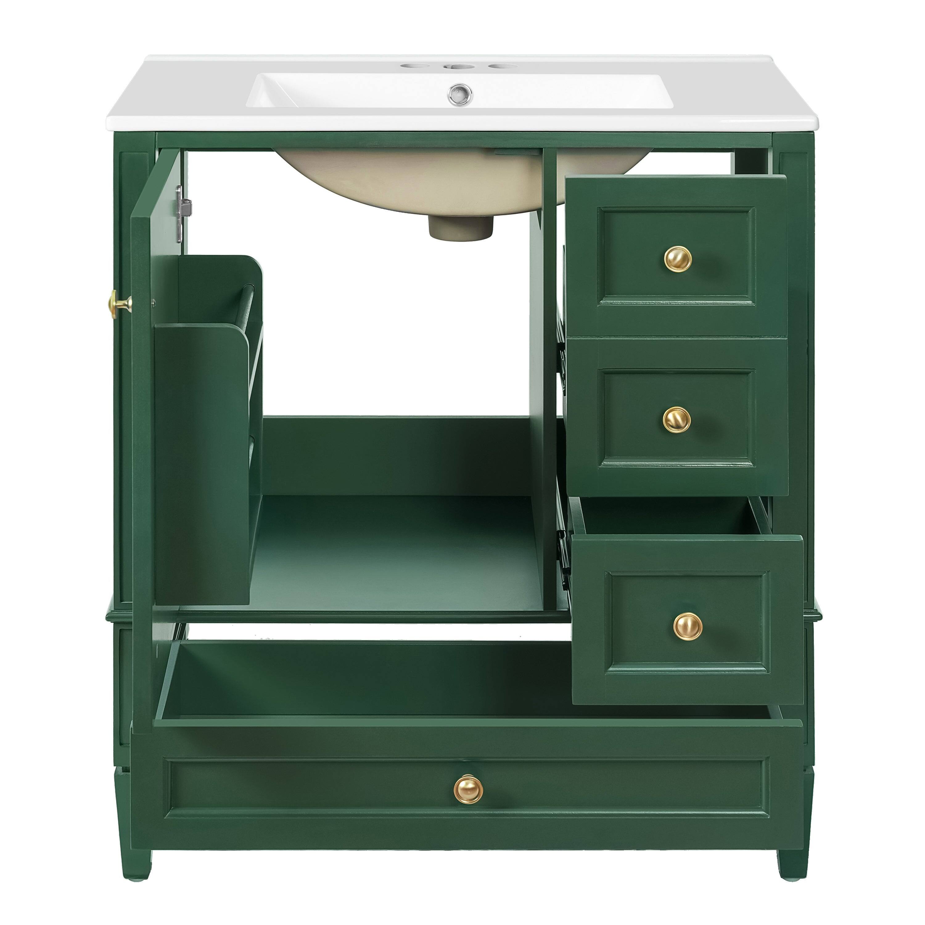Alt View 9. Boyel Living - 30 Inch Solid Wood Bathroom Vanity with Ceramic Sink Three Drawers Green - Green.