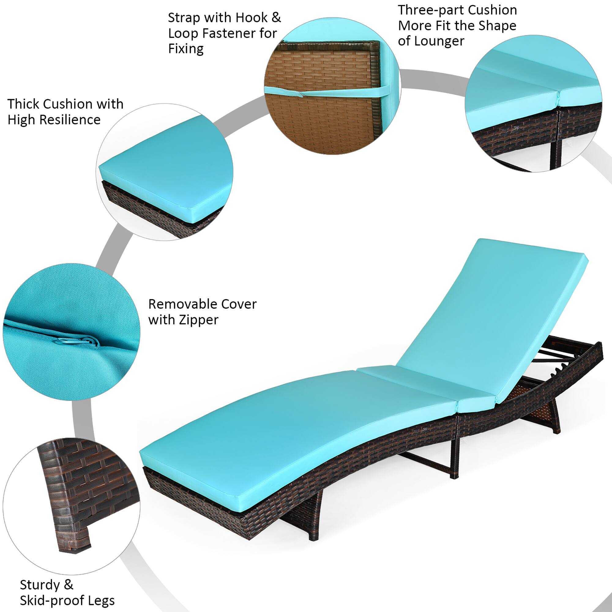 The text on the image describes a lounge chair with various features, such as a strap with hook and loop fastener for fixing a three-part cushion, a thick cushion with high resilience, a removable cover with a zipper, and sturdy and skid-proof legs.