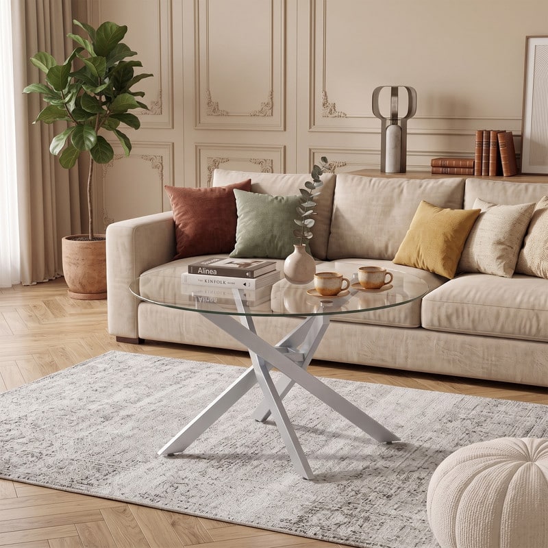 WELLFOR - 31.5" Round Coffee Table with Tempered Glass Top &Metal Leg, Modern Center Table Cocktail Tea Table for Living Room - Silver