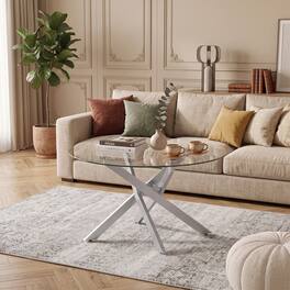 WELLFOR - 31.5" Round Coffee Table with Tempered Glass Top &Metal Leg, Modern Center Table Cocktail Tea Table for Living Room - Silver