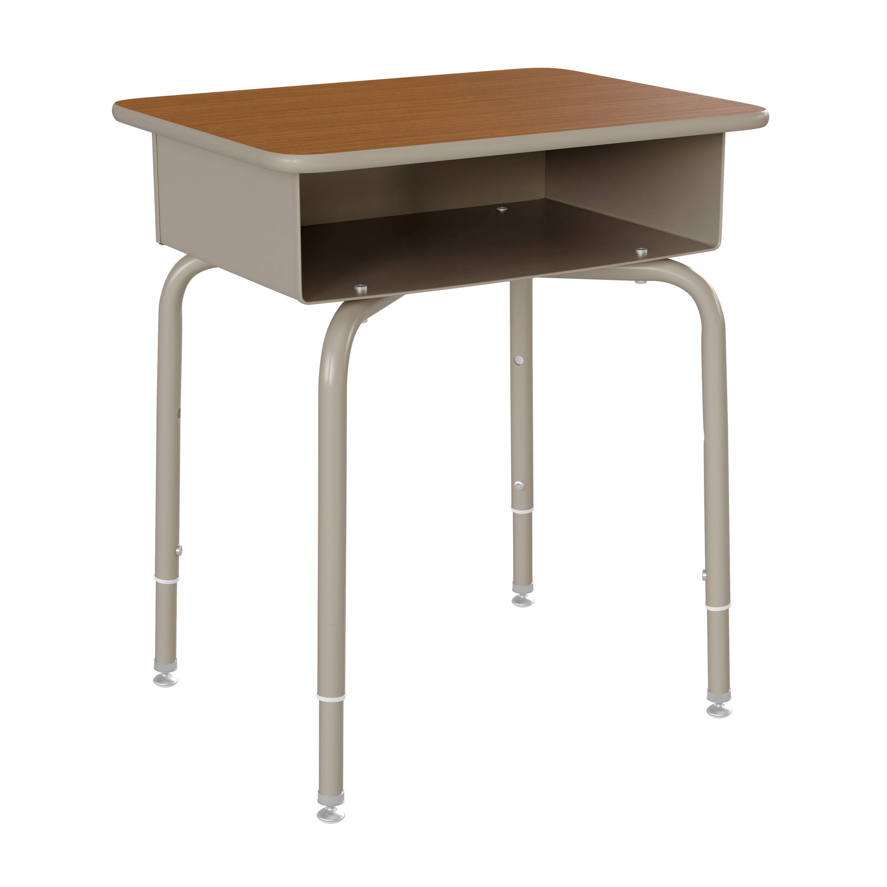 Alt View 7. Emma + Oliver - Jacobs Desk/Chair Set with Metal Open Front Storage Box, Desktop, Metal Frame and Stackable Flex Comfort Classroom Chair - Walnut Top/Black Chair.