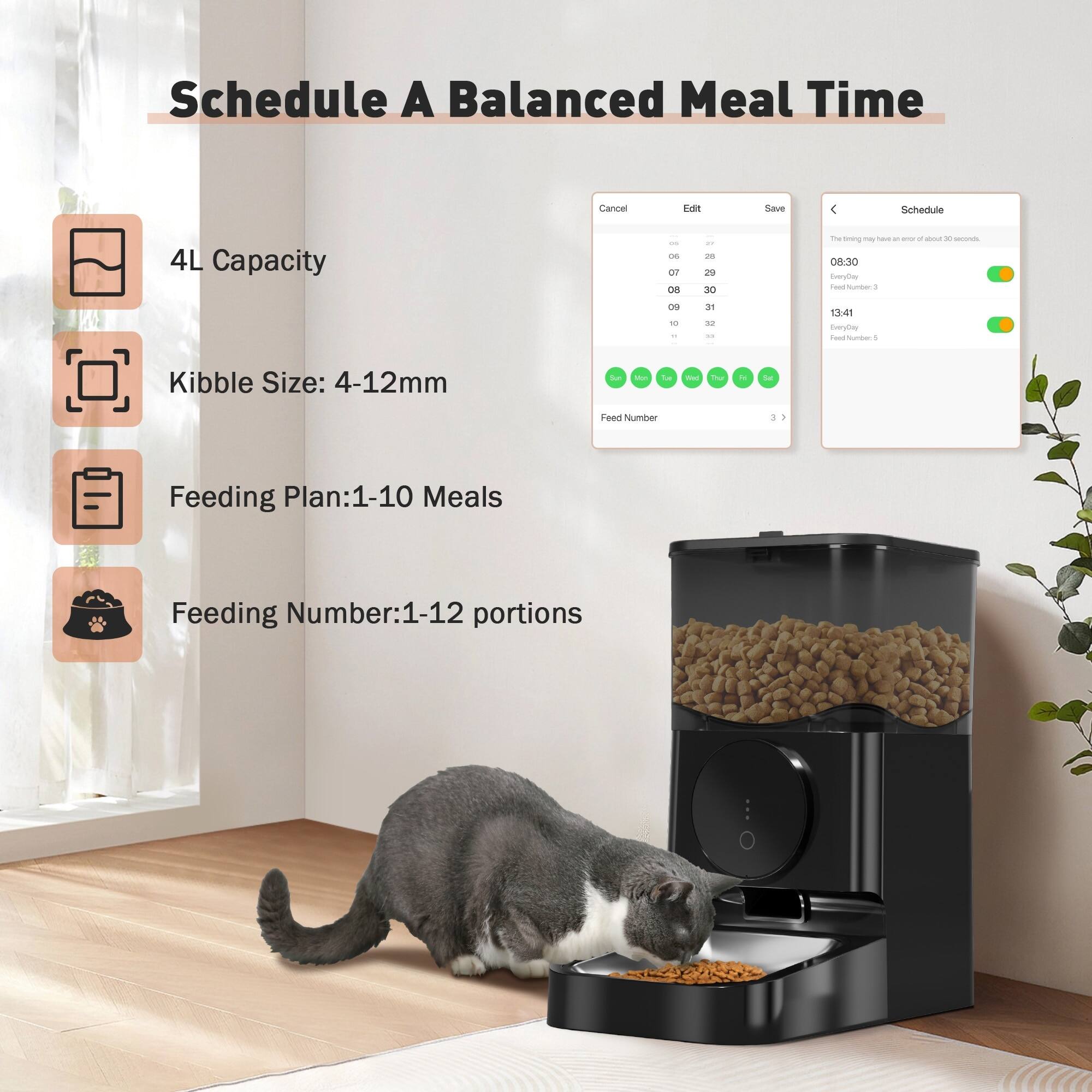 Schedule A Balanced Meal Time

- 4L Capacity
- Kibble Size: 4-12mm
- Feeding Plan: 1-10 Meals
- Feeding Number: 1-12 portions