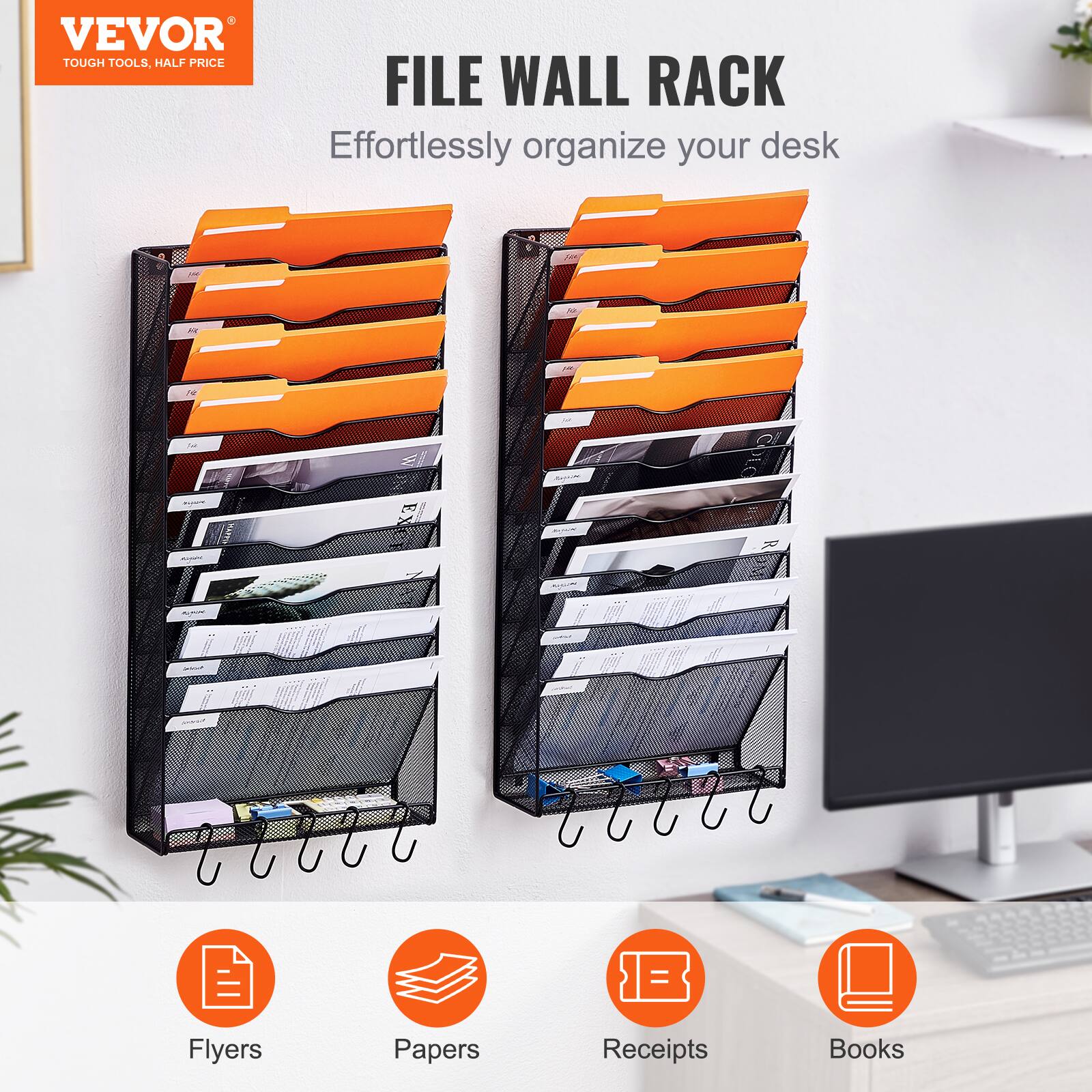 VEVOR  
TOUGH TOOLS, HALF PRICE  

FILE WALL RACK  
Effortlessly organize your desk  

- Flyers  
- Papers  
- Receipts  
- Books