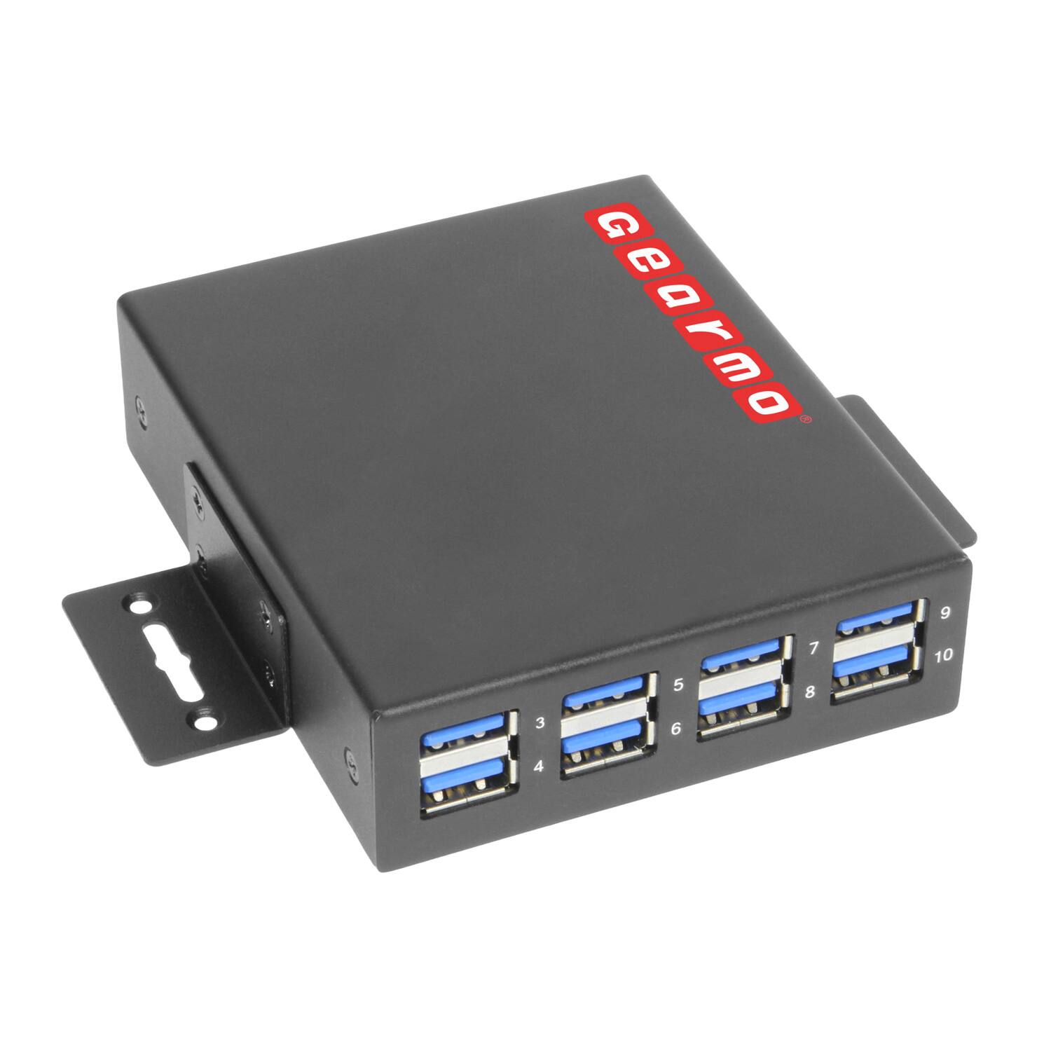 Front. Gearmo - 10-Port USB 3.2 Gen 1 USB-A Hub - 5Gbps - Surge Protection - Surface & DIN Mount Ready - Includes Power Adapter - Black.