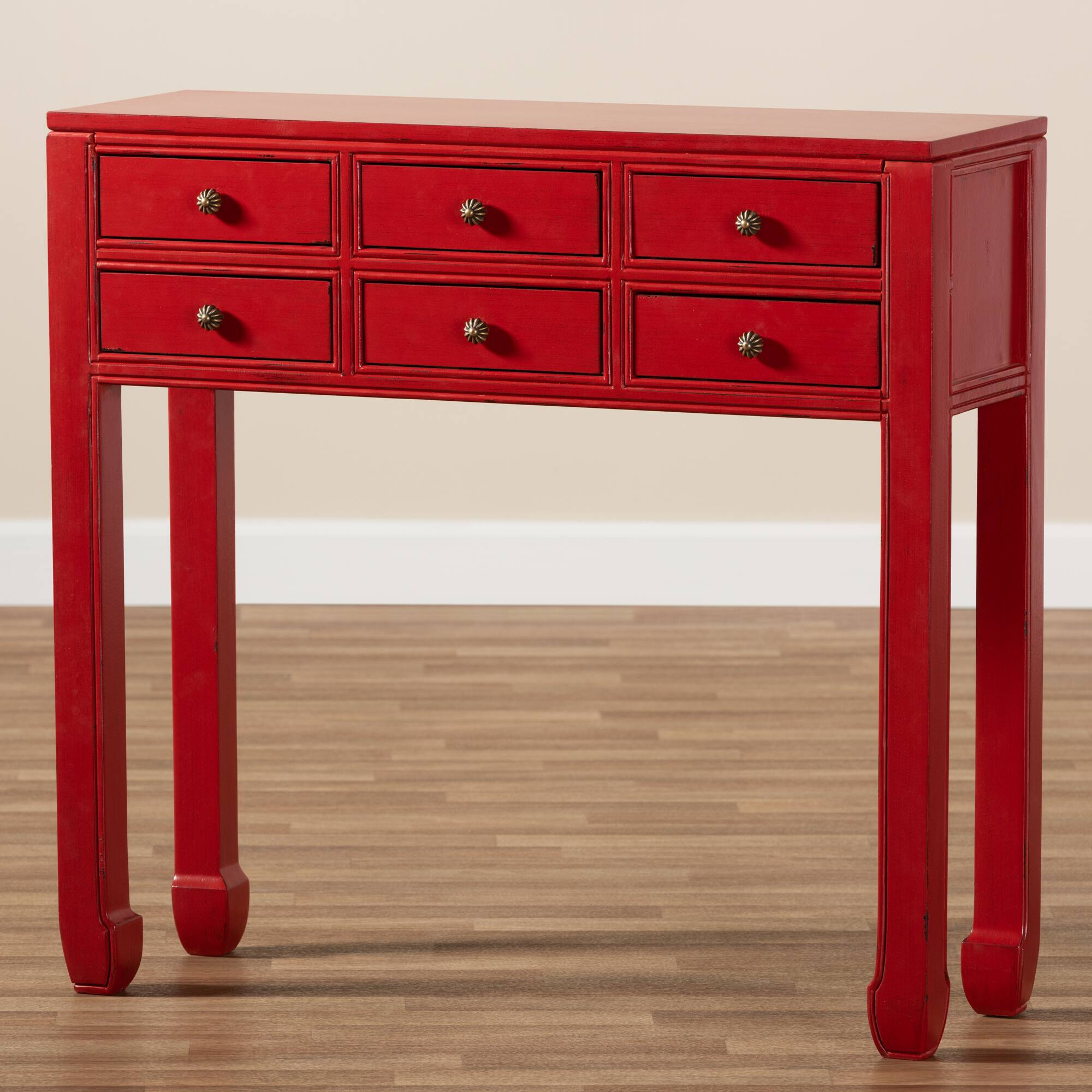 Alt View 6. Baxton Studio - Pomme Classic and Antique Finished Wood Bronze Finished Accents 6-Drawer Console Table - Red.