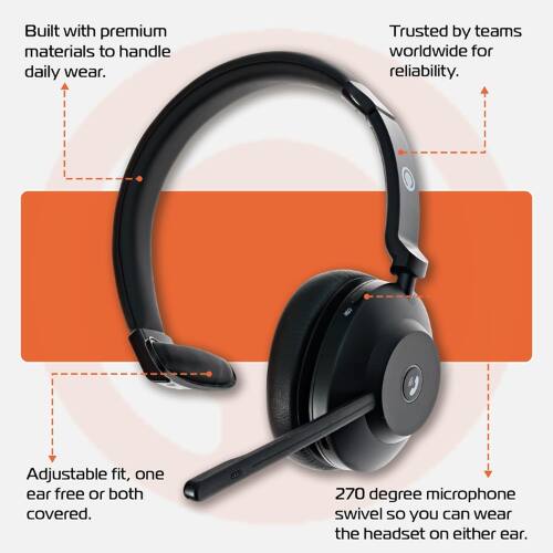 Built with premium materials to handle daily wear. Trusted by teams worldwide for reliability. Adjustable fit, one ear free or both covered. 270 degree microphone swivel so you can wear the headset on either ear.
