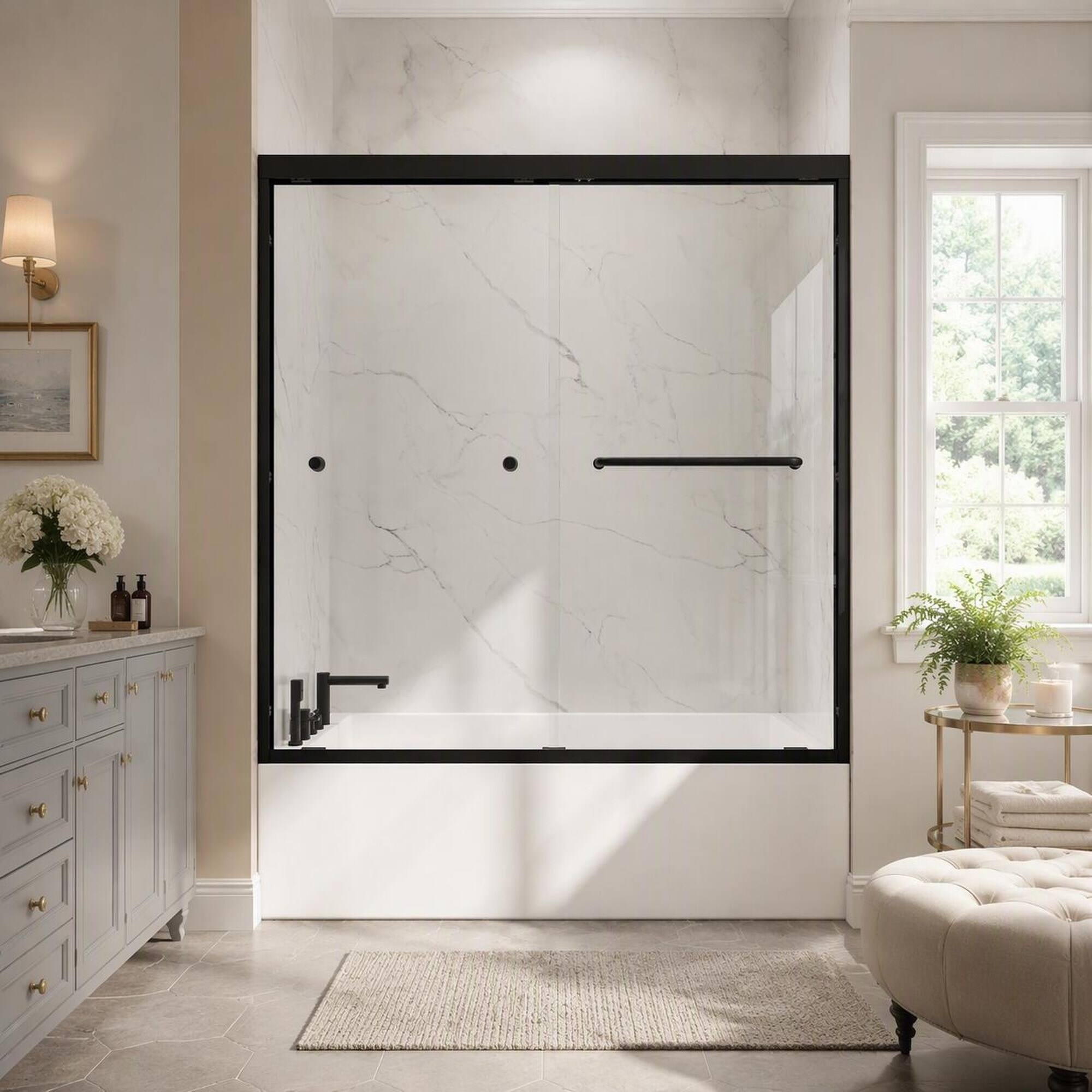 Back. RYHNUYNE - 55-60 In W X 60 In H Double Bypass Sliding Shower Door, 1/4 In Clear Tempered Glass Matte Black Finish - Matte Black.