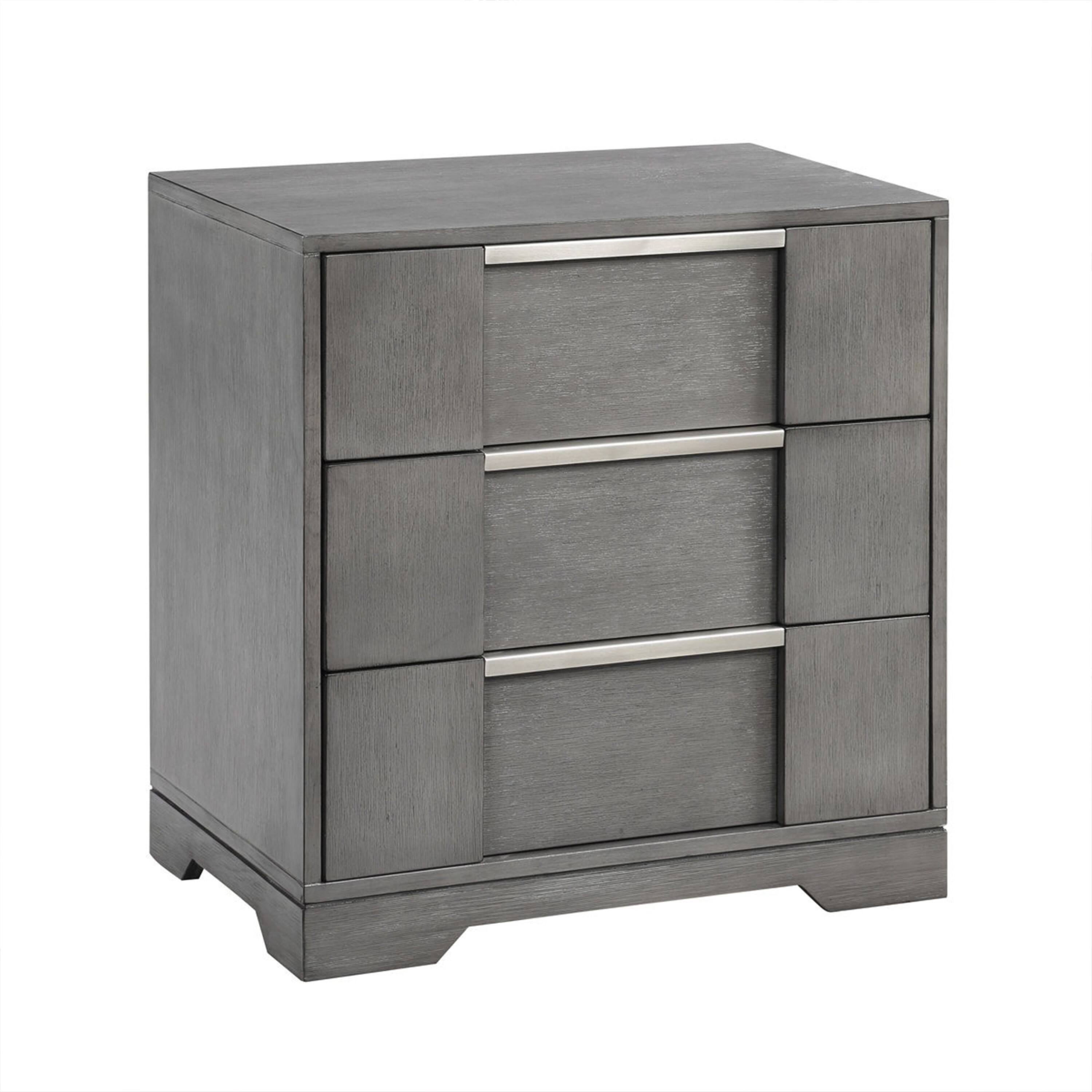 Manhattan Lane - Levice Nightstand with 3 Drawers, Dovetail Built Solid Wood - Gray, Nickel
