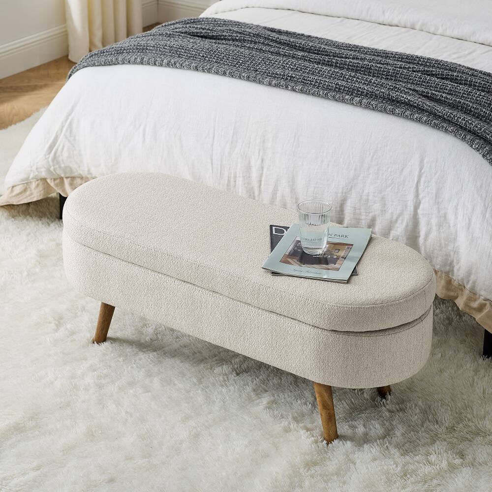Angle. Ropilly - Ropilly Beige Oval Storage Bench Fabric Ottoman with Rubber Wood Legs for Bedroom Living Room - Beige.