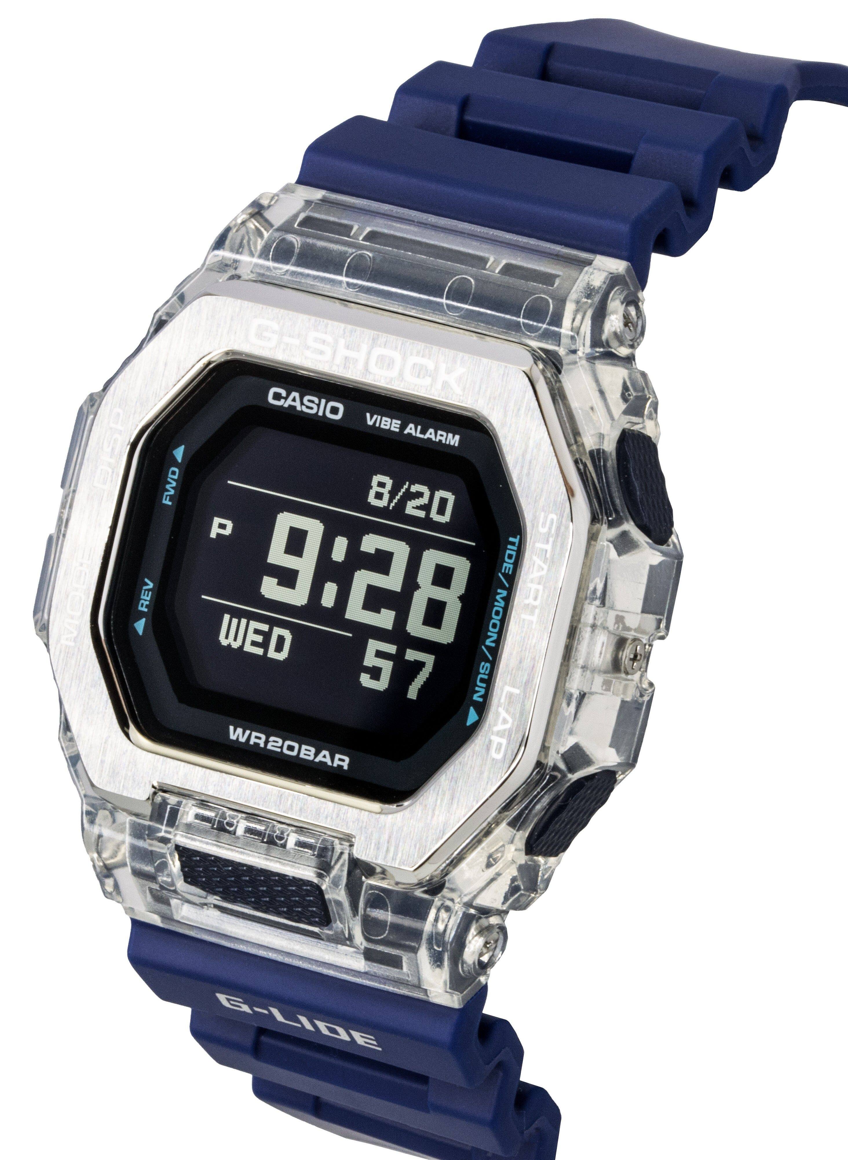G-SHOCK CASIO VIBE ALARM DISP FWD 8/20 P 9:28 TIDE/MOON SUN WR20BAR LAP G-LIDE REV WED MOON 57