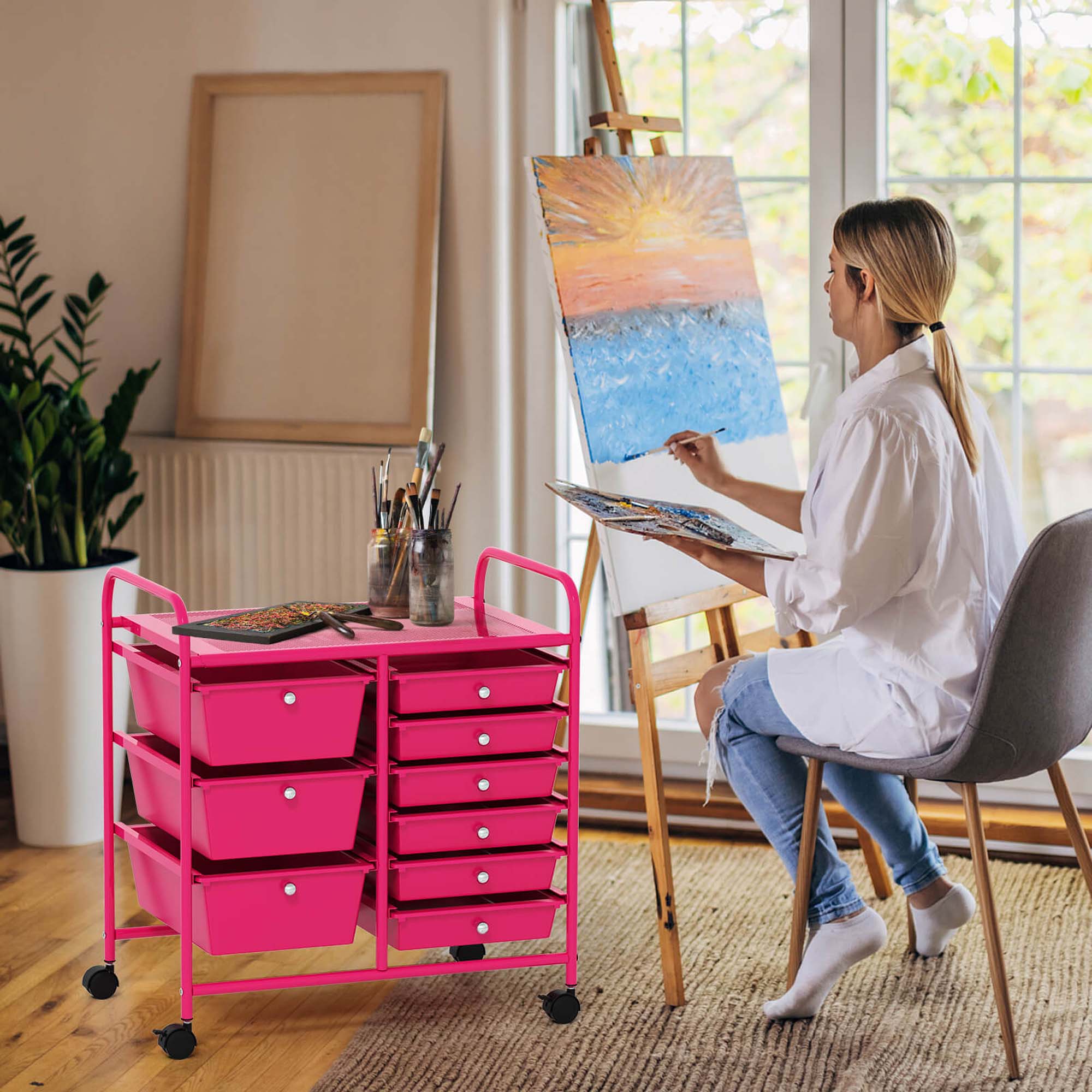 Alt View 4. Costway - Costway 9 Drawer Rolling Organizer Cart Utility Storage Tools Scrapbook Paper Multi-Use Hot Pink - Hot Pink.