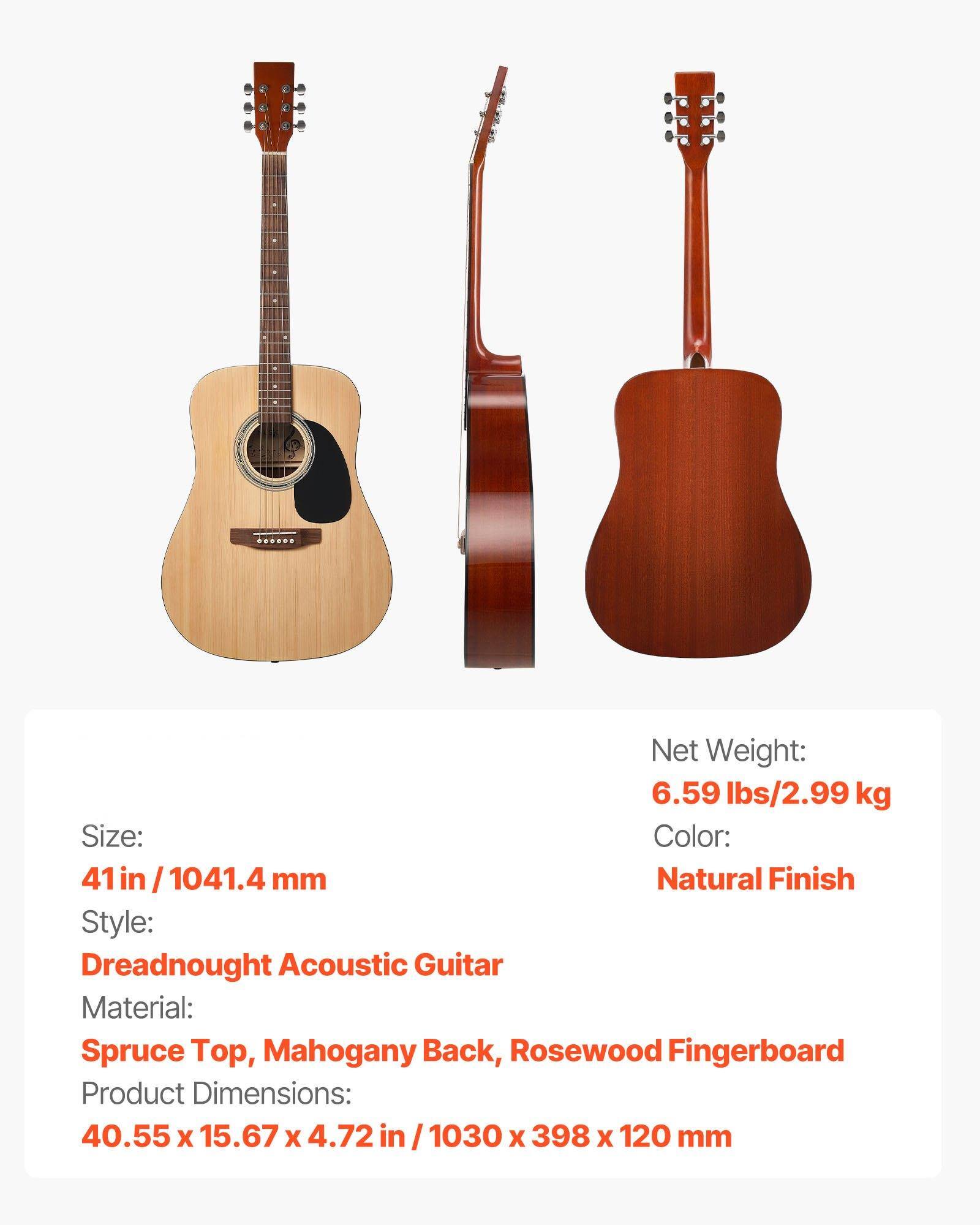 Net Weight: 6.59 lbs/2.99 kg  
Size: 41 in / 1041.4 mm  
Color: Natural Finish  
Style: Dreadnought Acoustic Guitar  
Material: Spruce Top, Mahogany Back, Rosewood Fingerboard  
Product Dimensions: 40.55 x 15.67 x 4.72 in / 1030 x 398 x 120 mm