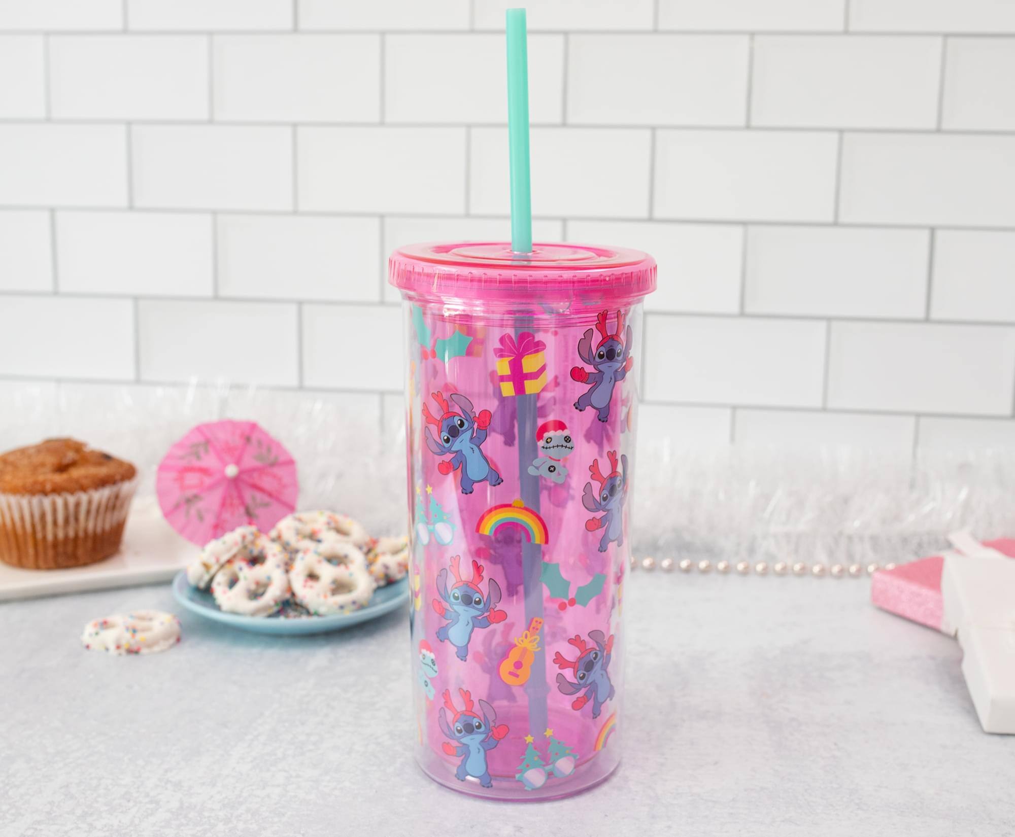 Alt View 2. Silver Buffalo - Disney Lilo & Stitch Christmas Stitch 20-Ounce Carnival Cup With Lid and Straw - Pink.