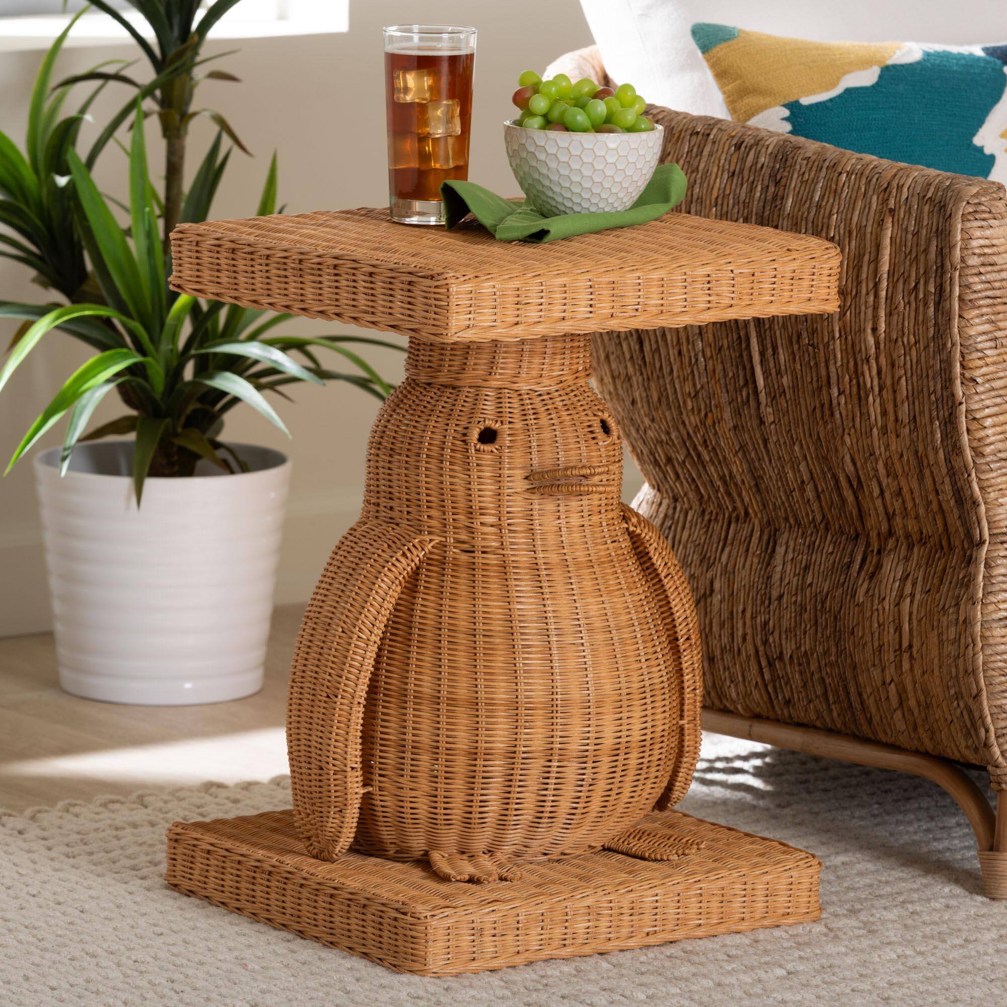 Alt View 4. bali & pari - Pembroke Penguin End Table - Handwoven Rattan Sculptural Accent Side Table with Platform Base - Light Honey.