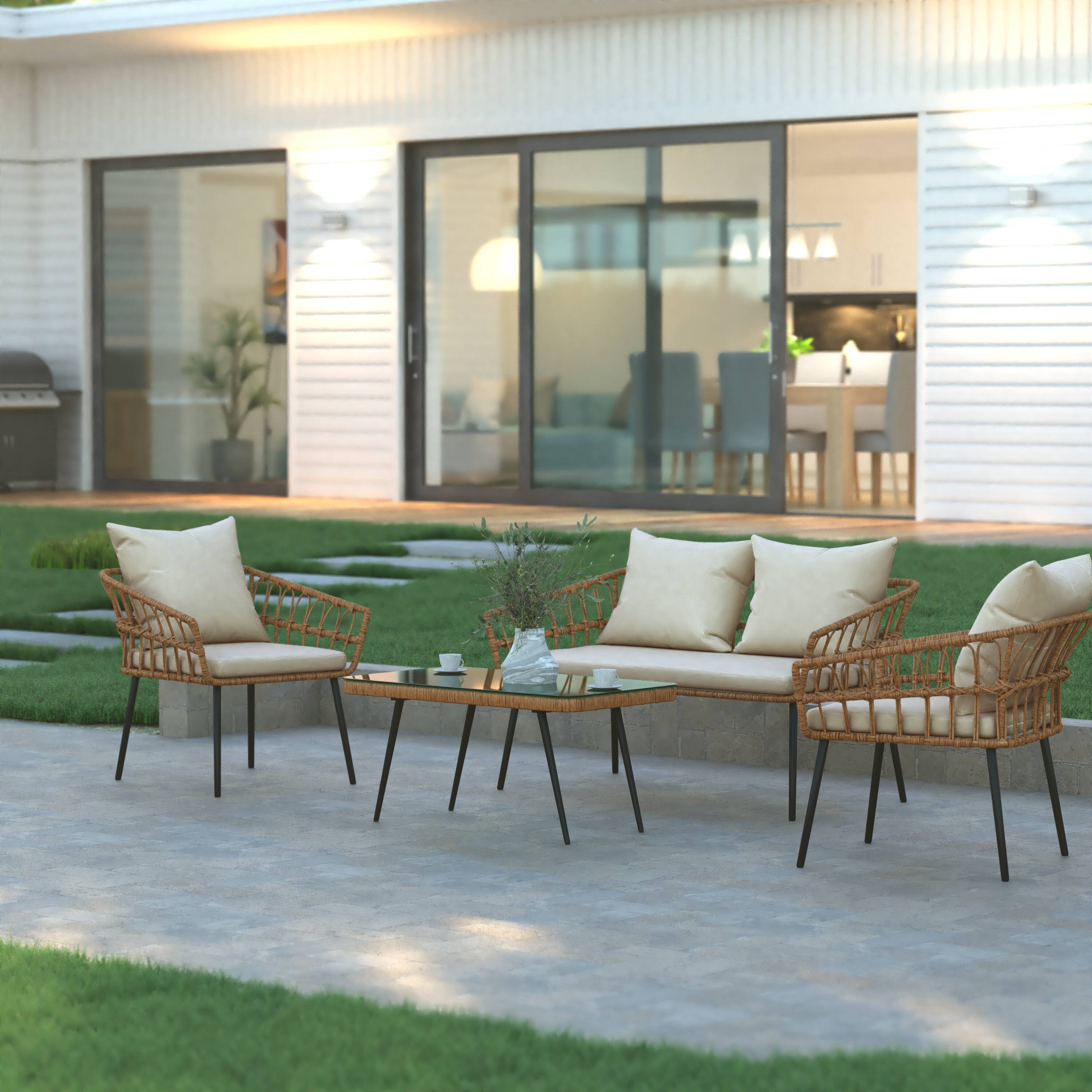 Alt View 3. Emma + Oliver - 4PC Rattan Patio Set with Two Chairs, Loveseat, Table & Cushions - Cream Cushions/Natural Frame.