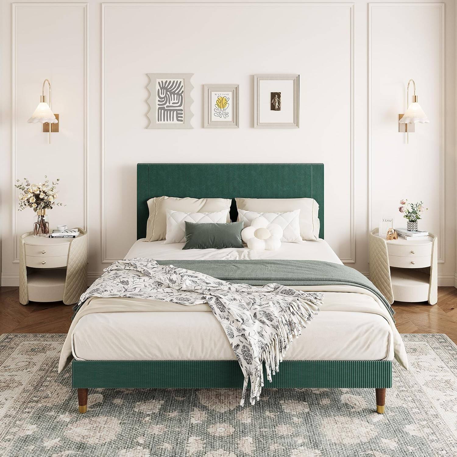 GARVEE - Queen Upholstered Platform Bed Frame, Fabric Headboard, No Box Spring, Easy Assembly - Dark Green - Green Queen