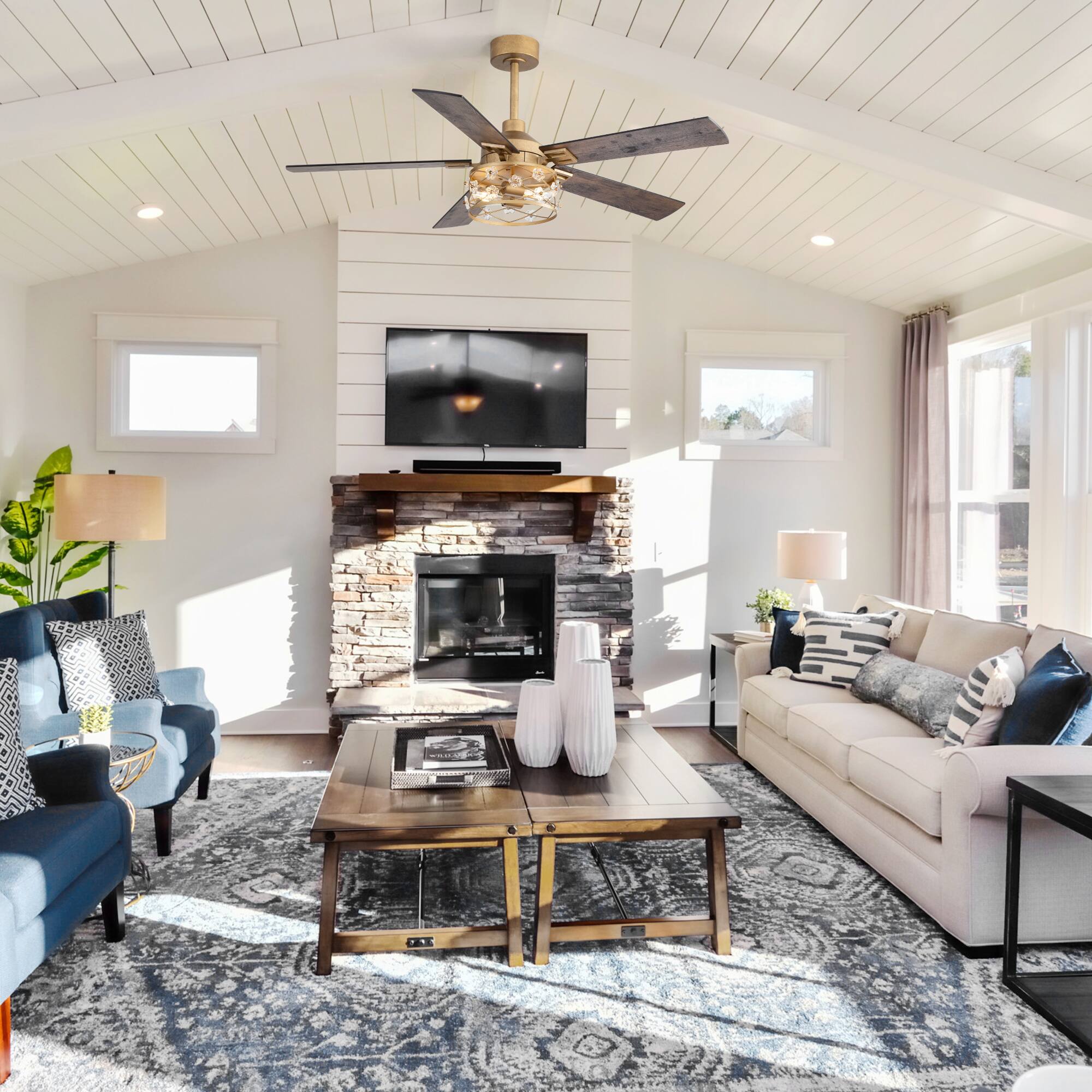 Alt View 1. Breezary - 52-Inch Indoor Ceiling Fan with Light Kit, 5 Plywood Dual-Finish Blades, DC Motor, 5/10'' Downrods, Remote, Glass Shade - Paint Gold with Black and Rich Walnut.