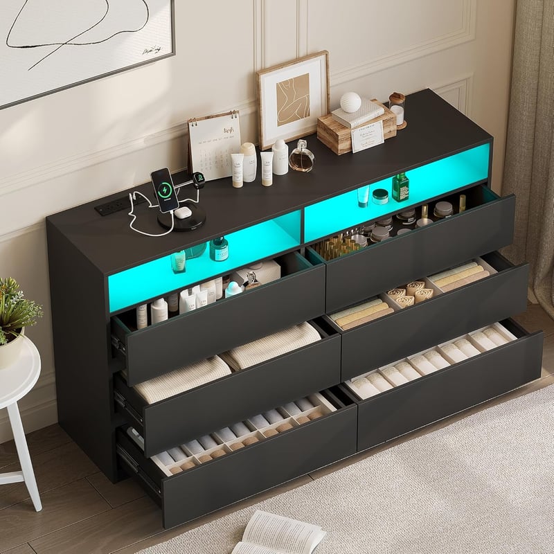 Front. Vipbear - Vipbear 6 Drawer Double Dresser with Power Outlet, Accent Chests of Drawers with LED Light, Storage, Charging Station - Black.