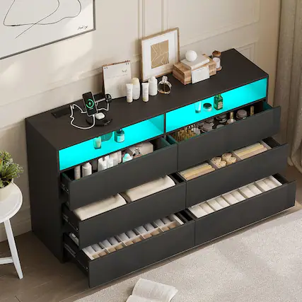 Front. Vipbear - Vipbear 6 Drawer Double Dresser with Power Outlet, Accent Chests of Drawers with LED Light, Storage, Charging Station - Black.