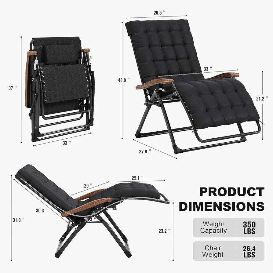 26.5"  
33"  
37"  
44.8"  
21.2"  
27.9"  
30.3"  
20"  
25.1"  
31.8"  
70.4"  

PRODUCT DIMENSIONS  
Weight Capacity: 350 LBS  
Chair Weight: 26.4 LBS