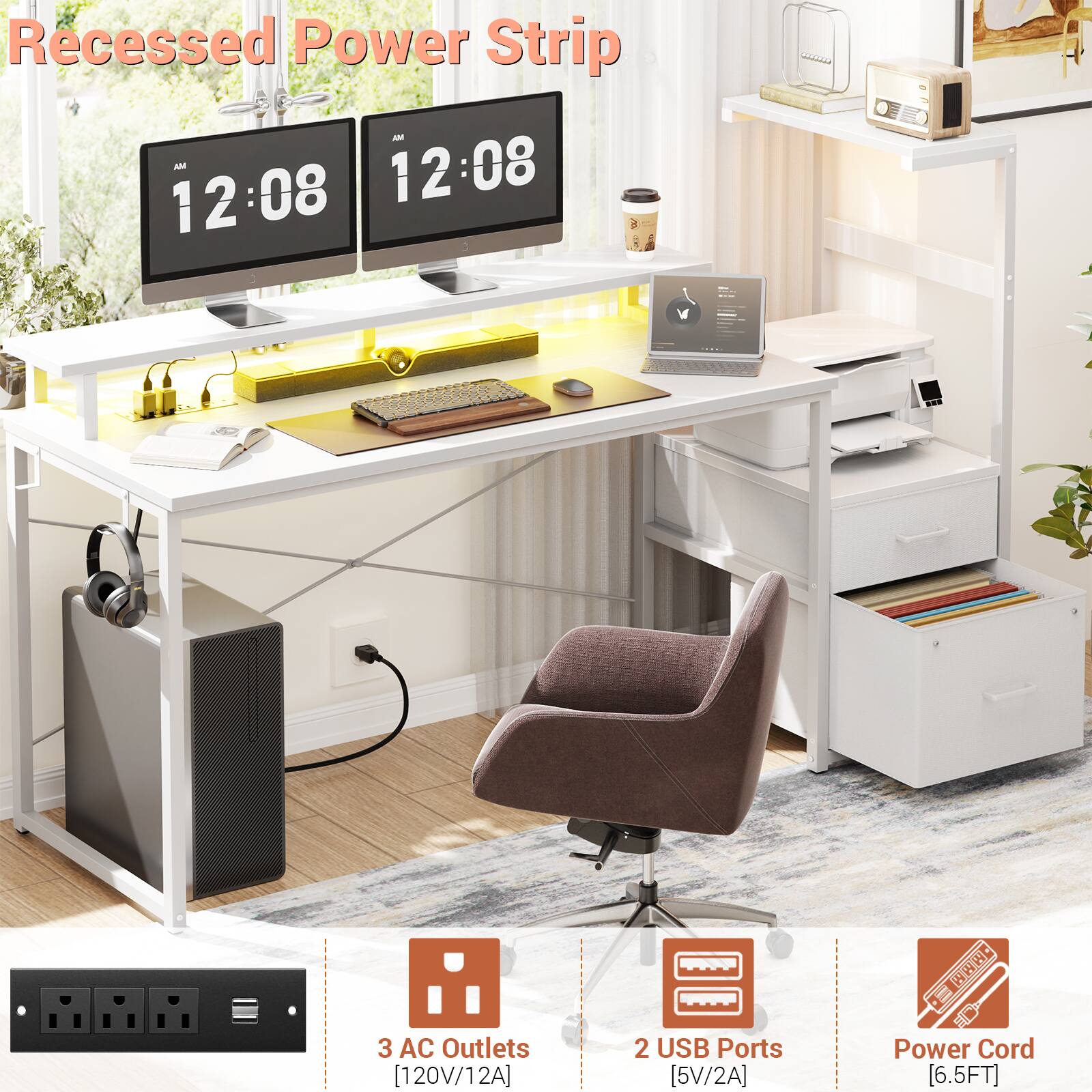 Recessed Power Strip

- 3 AC Outlets [120V/12A]
- 2 USB Ports [5V/2A]
- Power Cord [6.5FT]