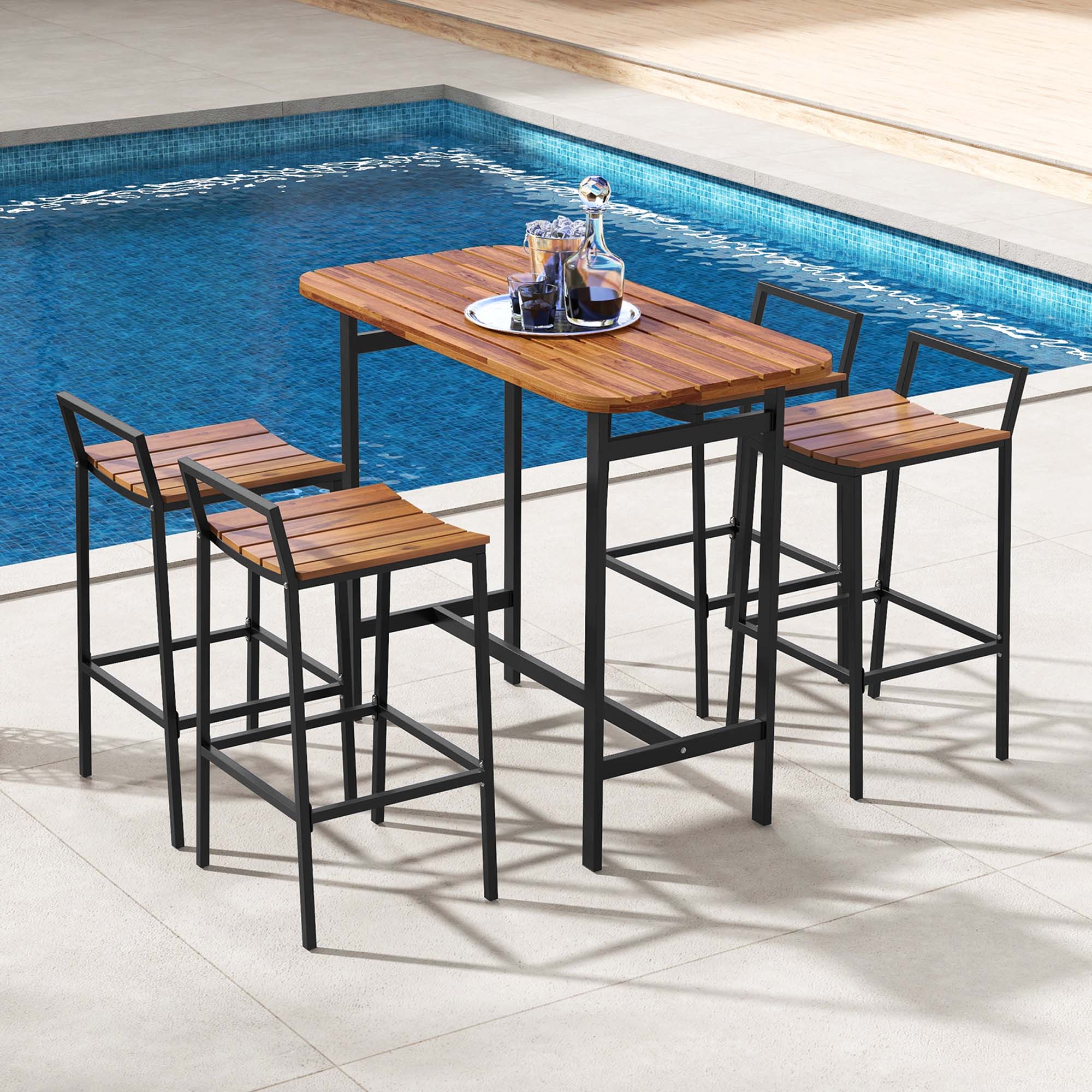 Alt View 2. Costway - Costway 5 PCS Acacia Wood Bar Table Set Outdoor Bar Height Table & Chairs with Metal Frame - Natural + Black.