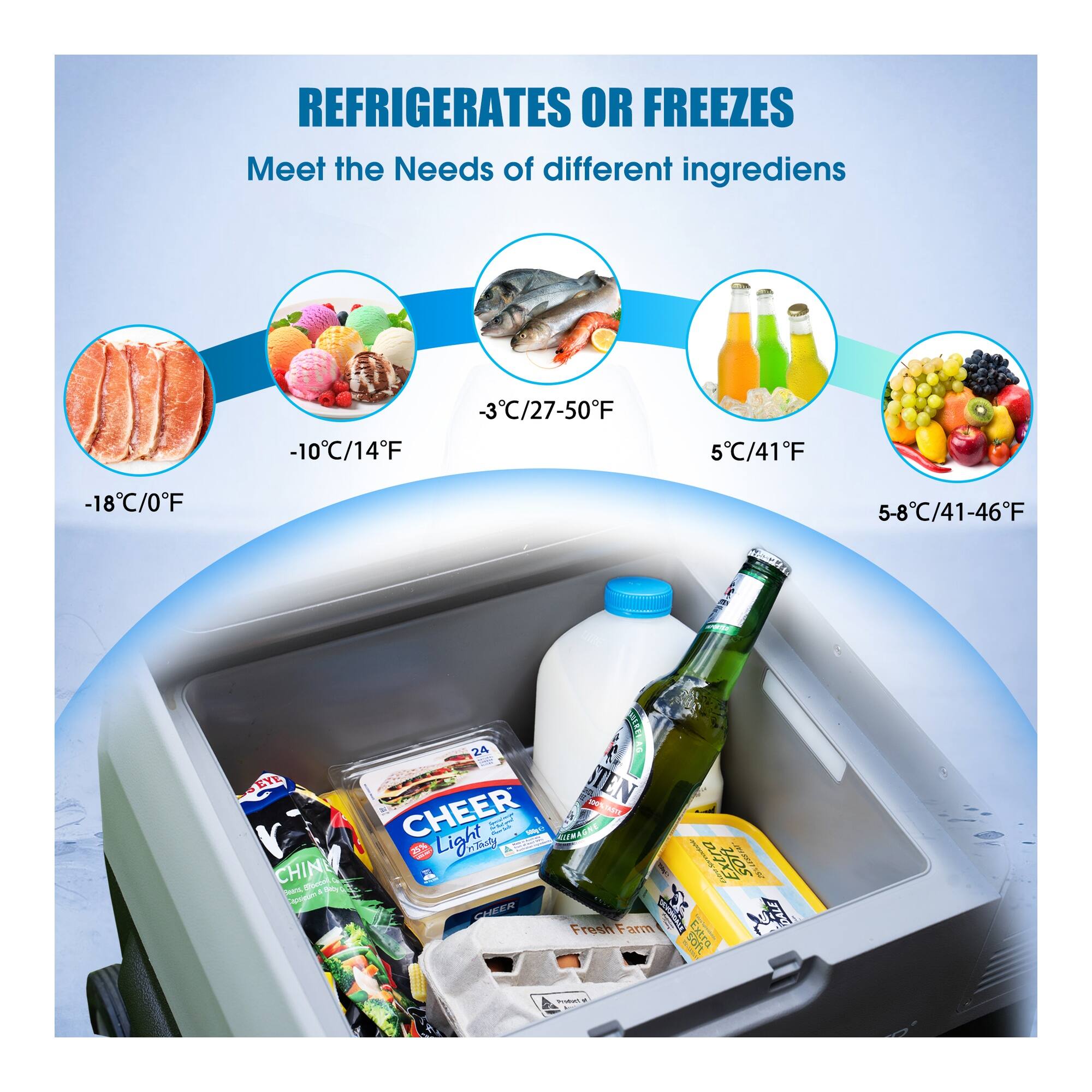 REFRIGERATES OR FREEZES  
Meet the Needs of different ingredients  

-10°C/14°F  
-3°C/27-50°F  
5°C/41°F  
-18°C/0°F  
5-8°C/41-46°F  

EM 24  
TE STEN CHEER O S  
SIRACEE V  
ns Light nTaly  
CHINM  
O na C GHEER  
Freeh mE  
4 Soh Extra