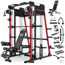 Mikolo - M11 Smith Machine, 2200lbs Squat Rack with LAT-Pull Down System & Cable Crossover Machine, Training Equipment - Red