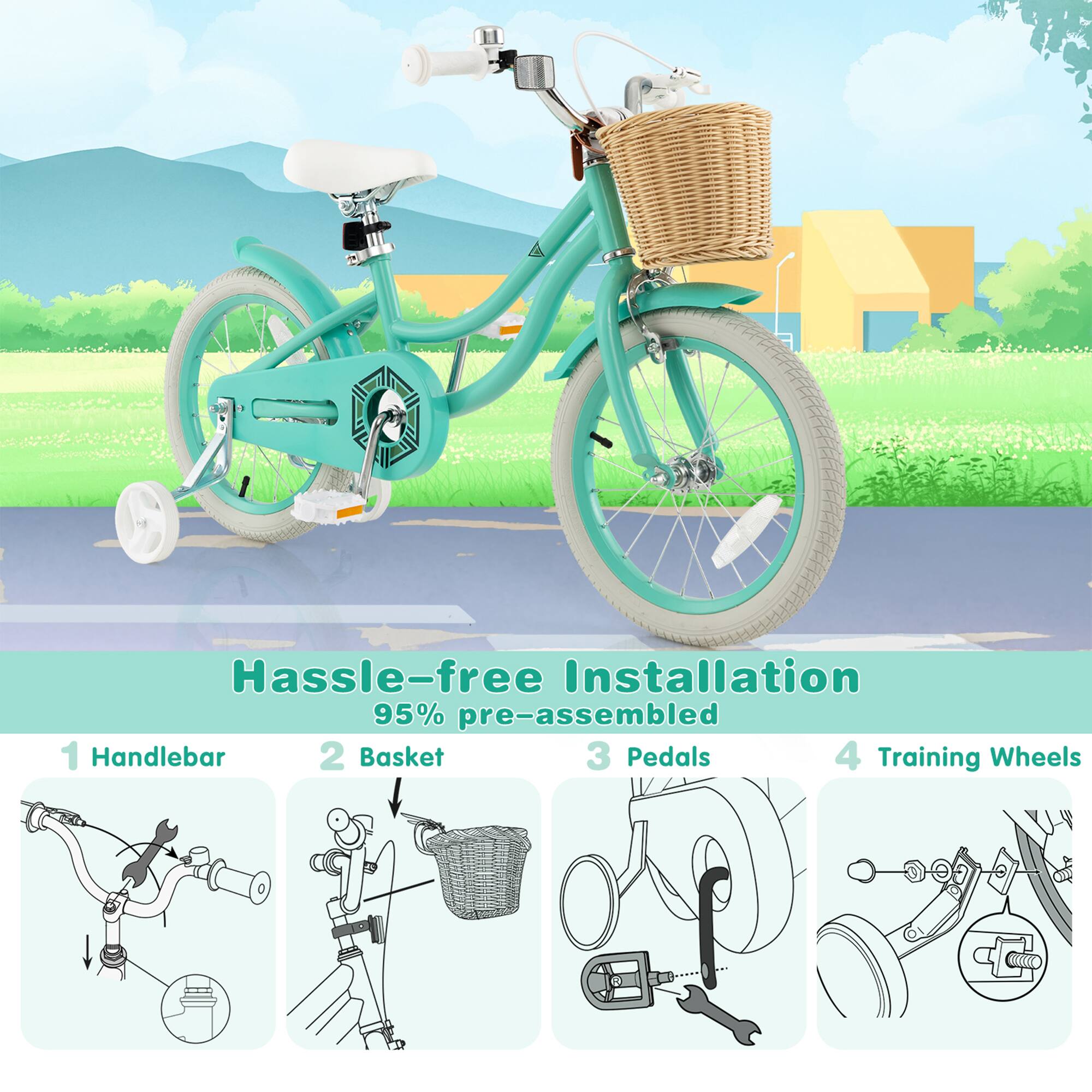 Hassle-free Installation  
95% pre-assembled  

1. Handlebar  
2. Basket  
3. Pedals  
4. Training Wheels