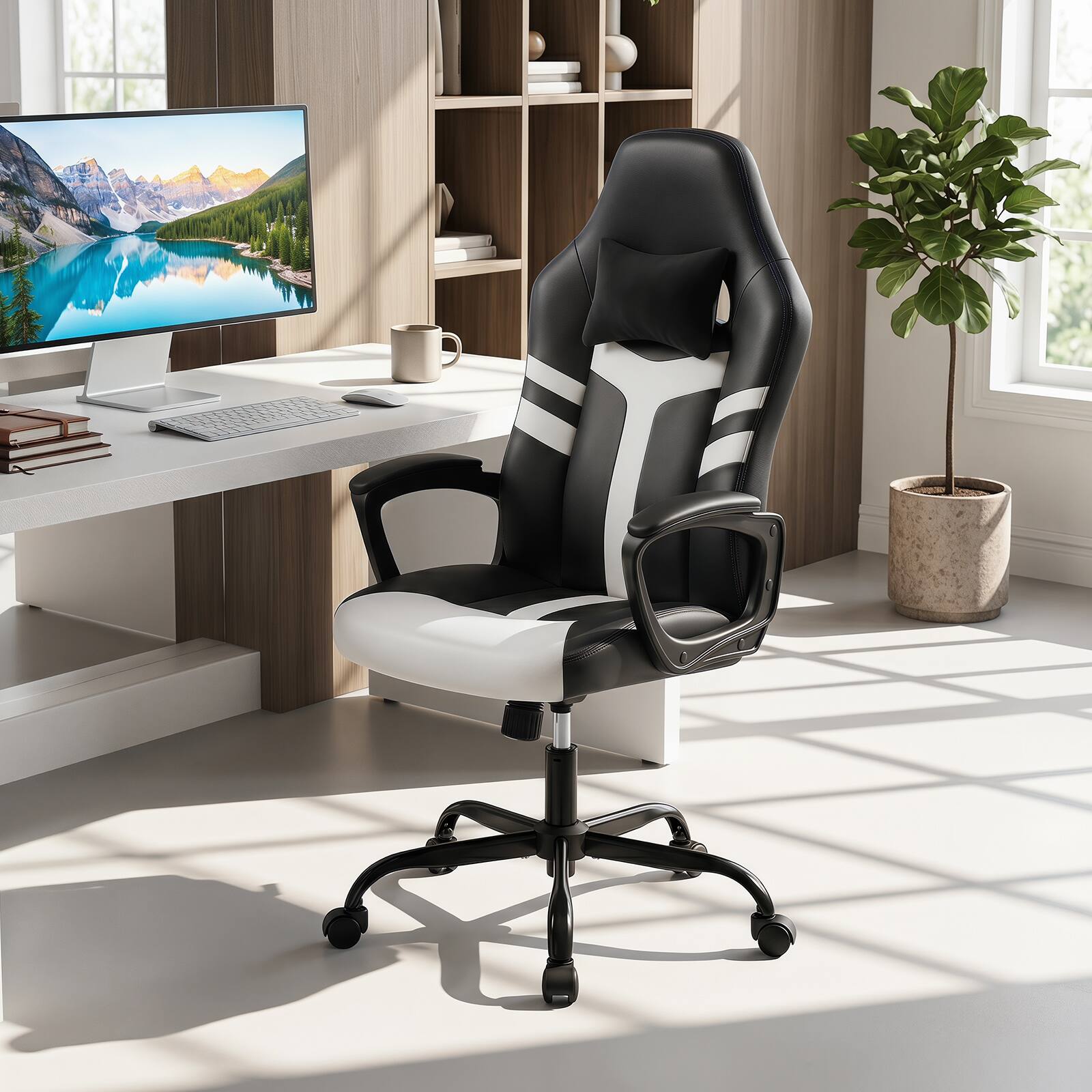 Alt View 1. Costway - Costway Faux Leather Upholstered Office Chair with Removable Head Pillow, Padded Armrests - White + Black.