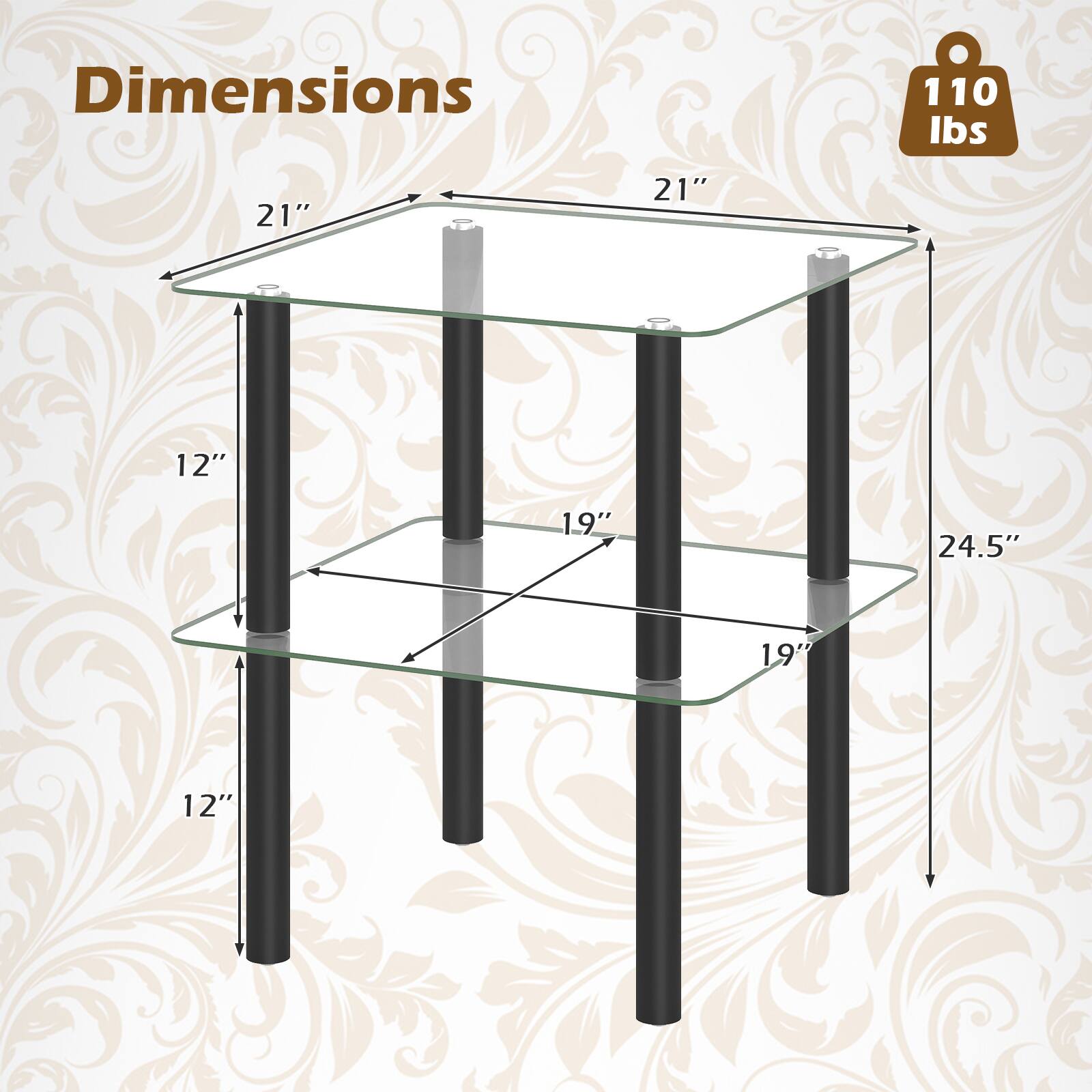 Dimensions: 110 lbs, 21" x 21" x 12" x 19" x 24.5" x 19" x 12"