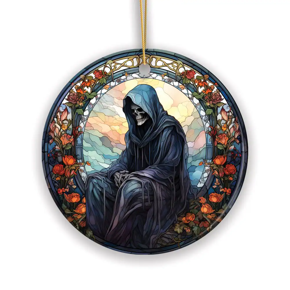 Front. OrnamentallyYou - Halloween Angel of Death Stained Glass Style Ceramic Ornament - Multi-colored.