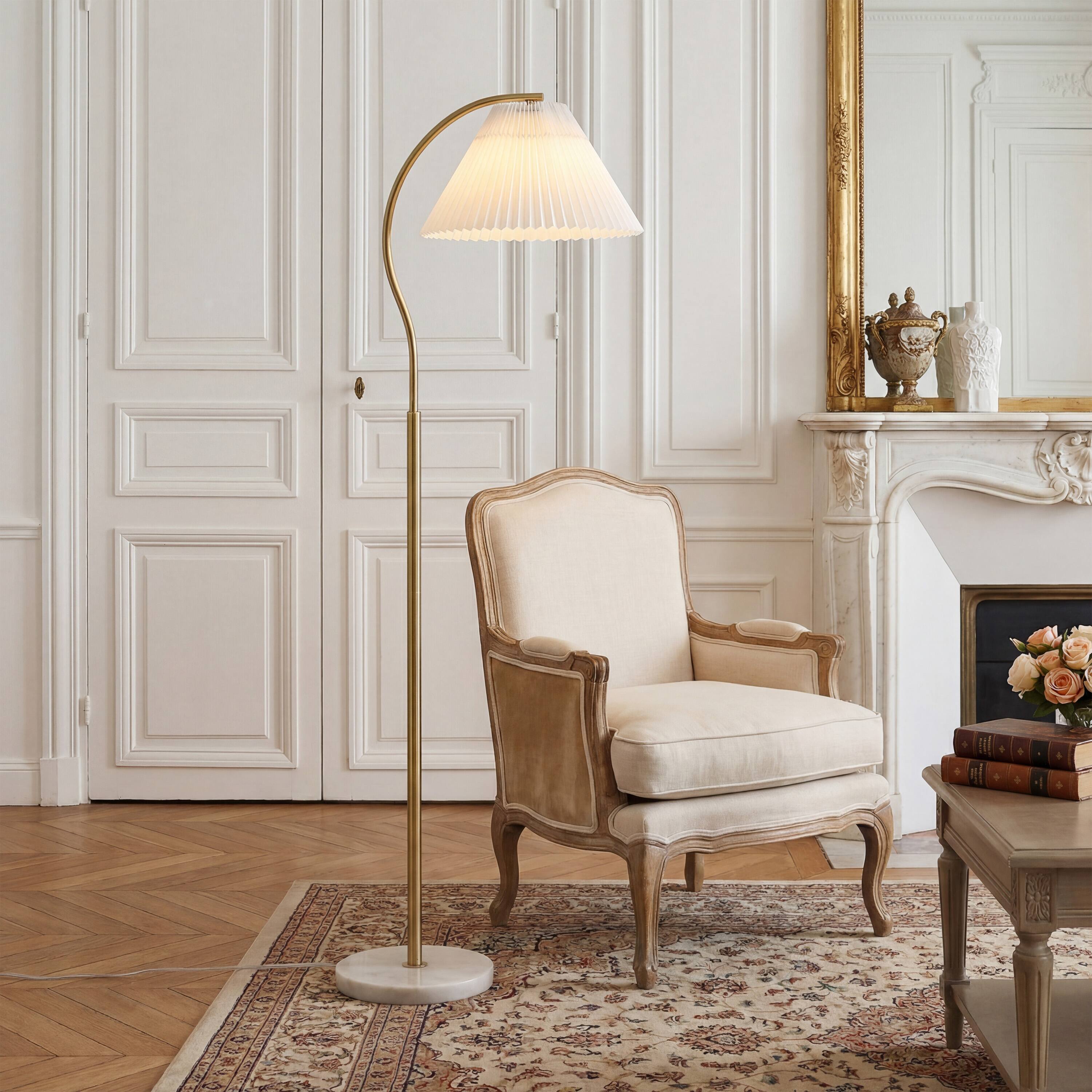 Alt View 7. Jonathan Y - Devon 60.5" Modern Glam Metal Arc LED Floor Lamp with Pleated Shade with Marble Base, Brass Gold/White - Brass Gold.