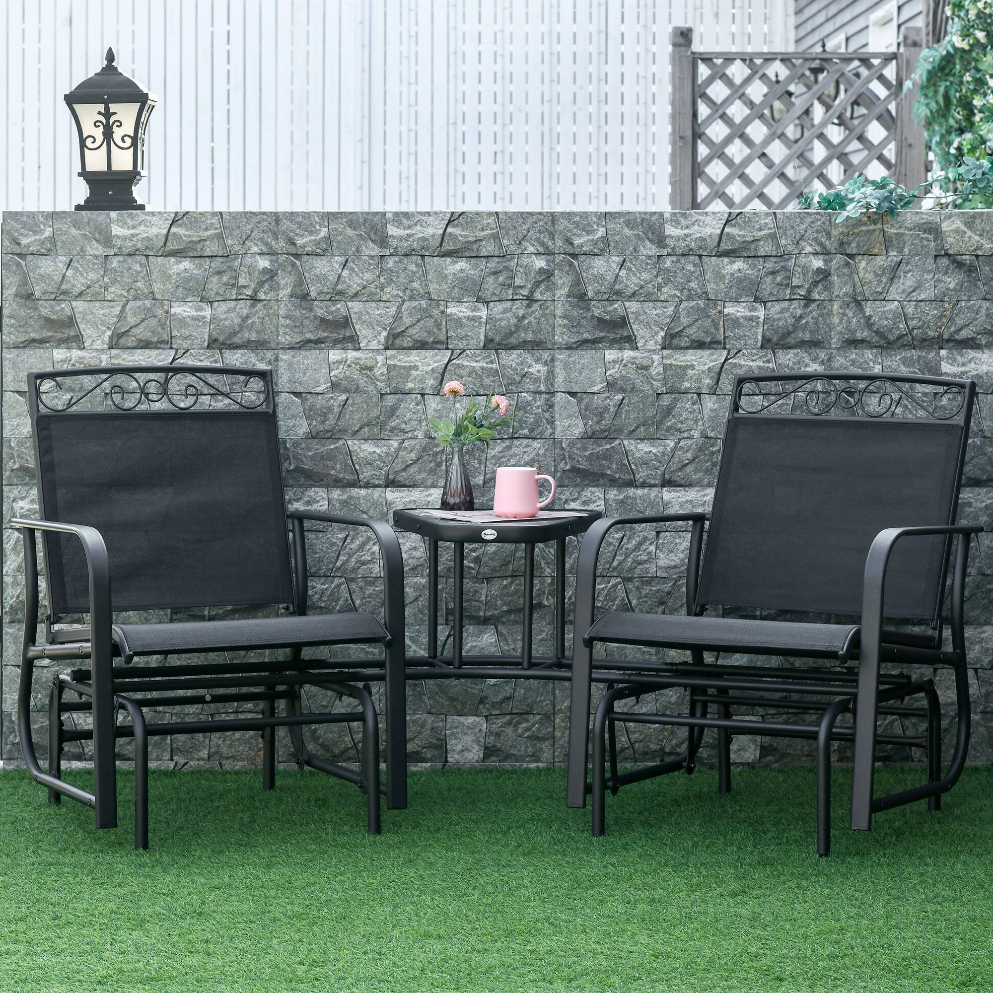 Alt View 1. Outsunny - Glider Chairs with Coffee Table - Black.