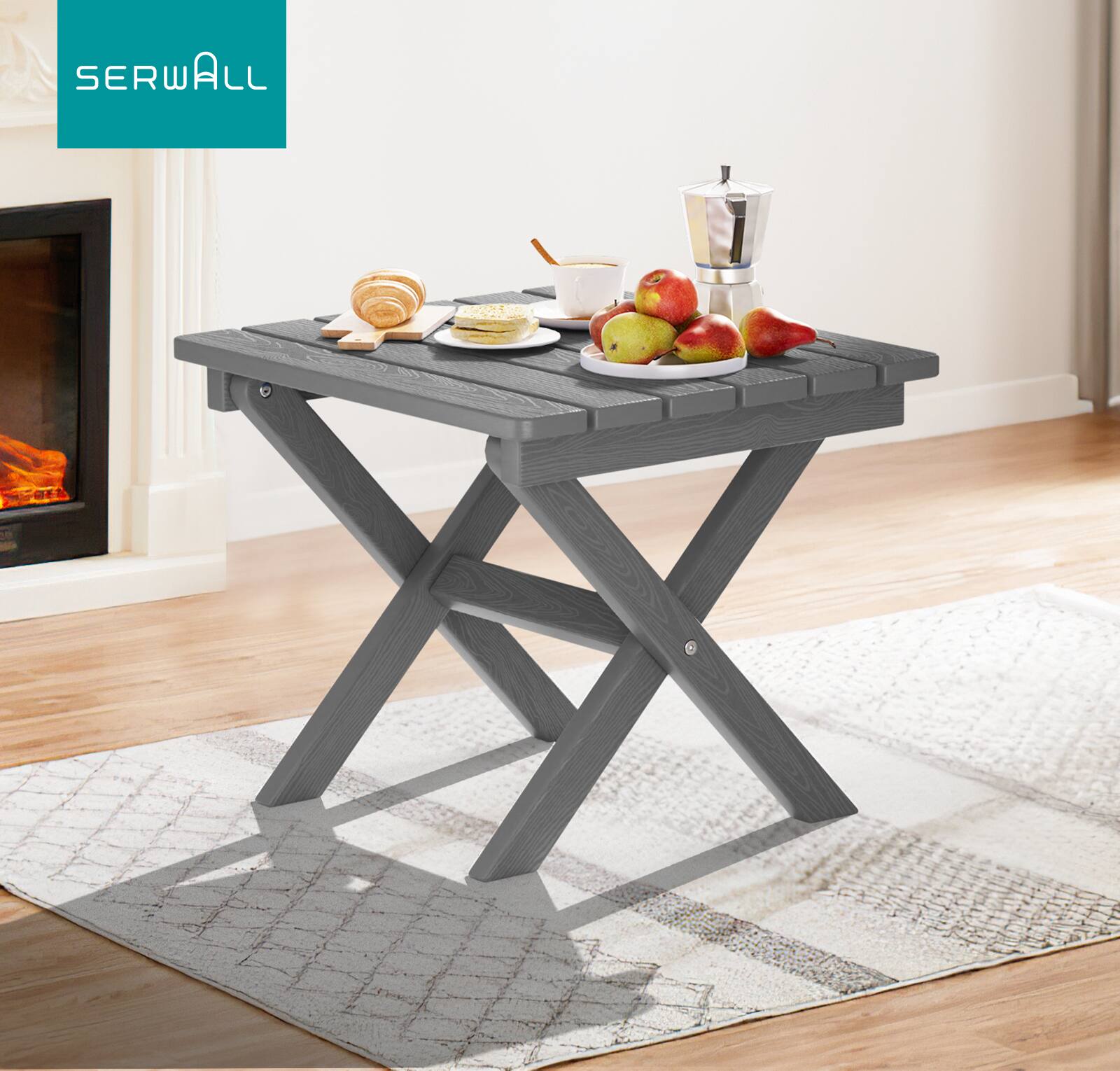 Alt View 3. SERWALL - SERWALL Small Folding Side Table, HDPE Outdoor End Table, Gray - Gray.