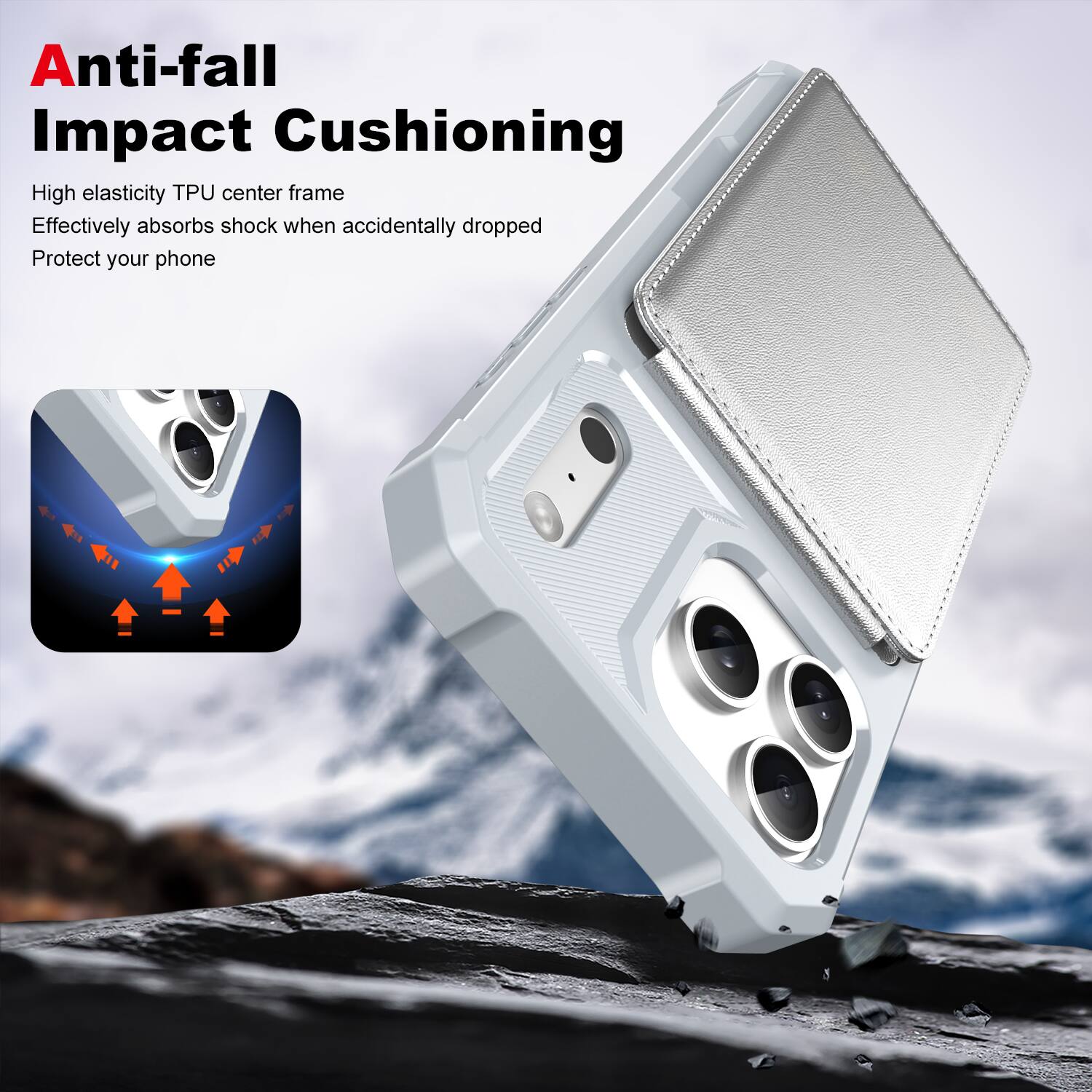 Anti-fall Impact Cushioning

High elasticity TPU center frame
Effectively absorbs shock when accidentally dropped
Protect your phone
