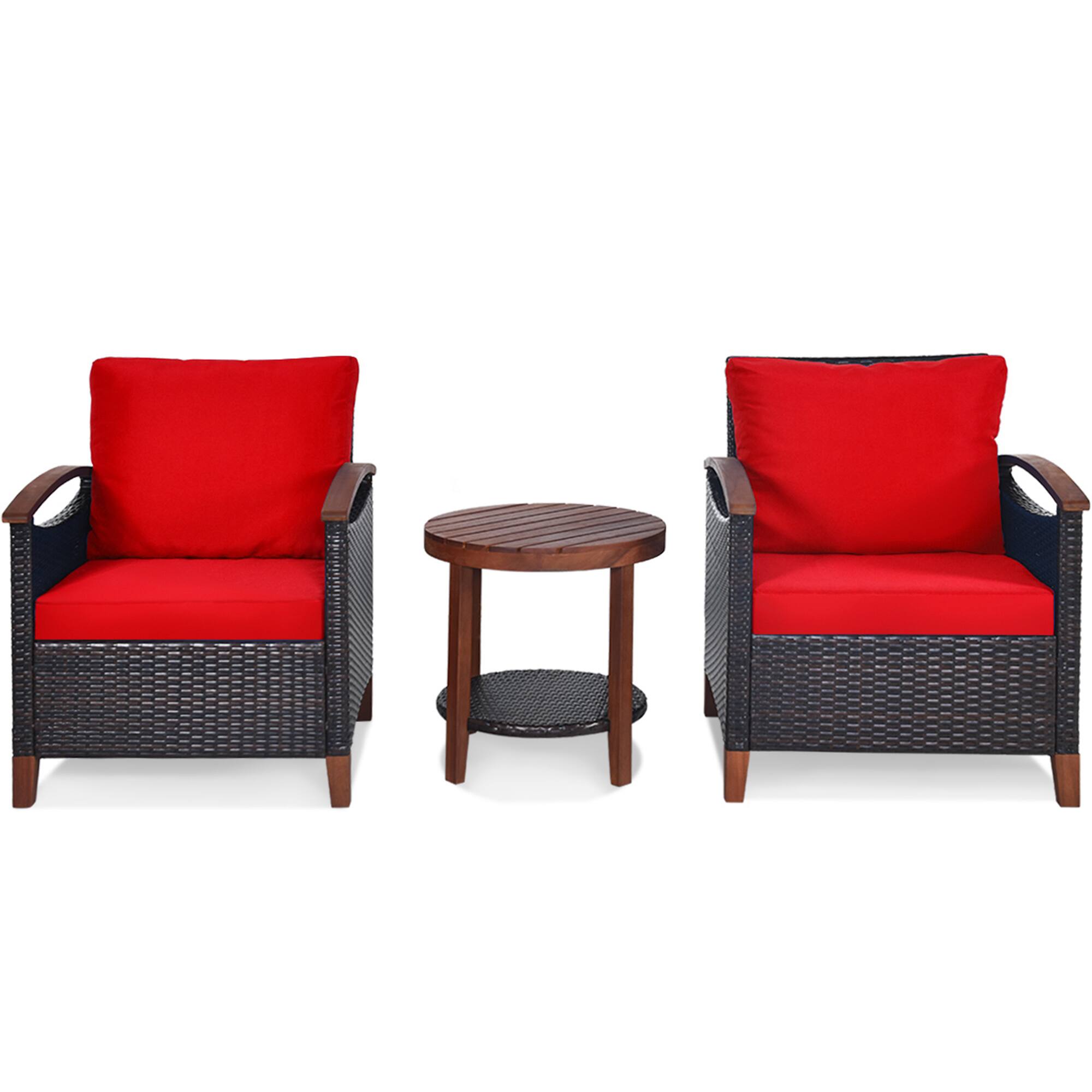 Alt View 4. Gymax - Gymax 3PCS Patio Wicker Rattan Conversation Set Outdoor Furniture Set w/ Red Cushion - Red.