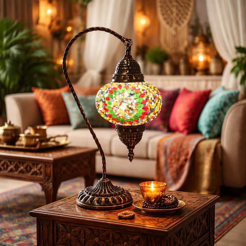 FC Design - 17"H Bronze Swan Base Flowery Red–Green Mosaic Turkish Lamp