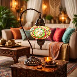 FC Design - 17"H Bronze Swan Base Flowery Red–Green Mosaic Turkish Lamp
