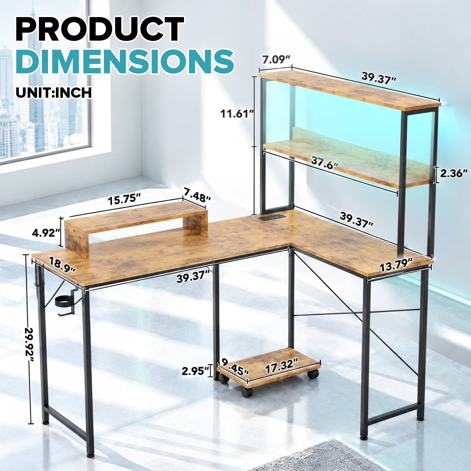 PRODUCT DIMENSIONS  
UNIT: INCH

- 7.09"
- 39.37"
- 11.61"
- 4.92"
- 18.9"
- 29.92"
- 15.75"
- 37.6"
- 7.48"
- 39.37"
- 13.79"
- 39.37"
- 9"
- 17.32"
- 2.95"
- 45"
- 2.36"