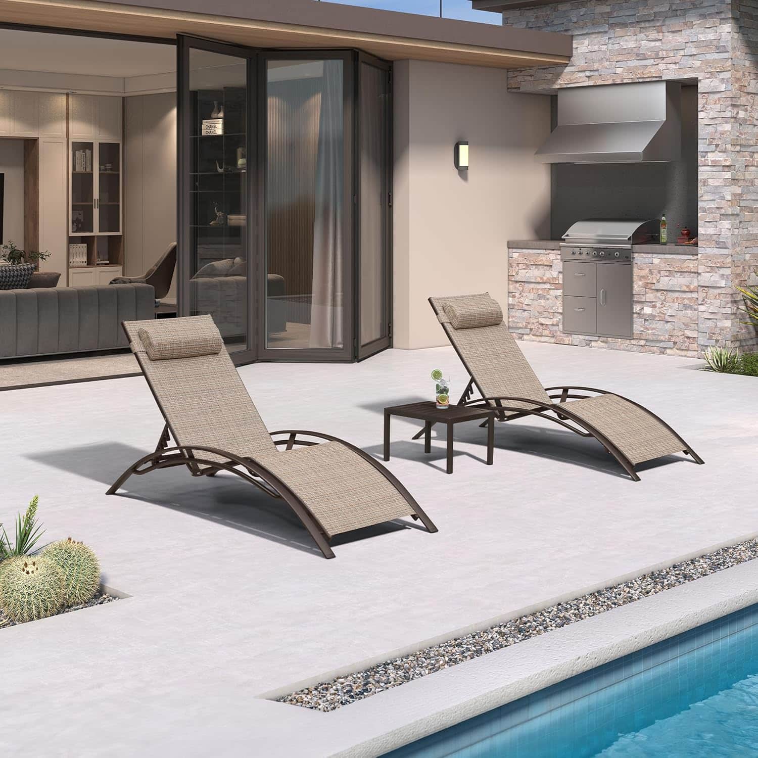 PURPLE LEAF - 3-Pieces Aluminum Outdoor Chaise Lounge Patio Lounge Chair with Side Table - Khaki