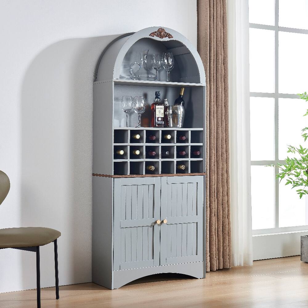 Angle. Loheer - Loheer Arched Wood Wine Cabinet Freestanding Liquor Bar Cabinet with Adjustable Shelves Dark Gray - Dark Grey.