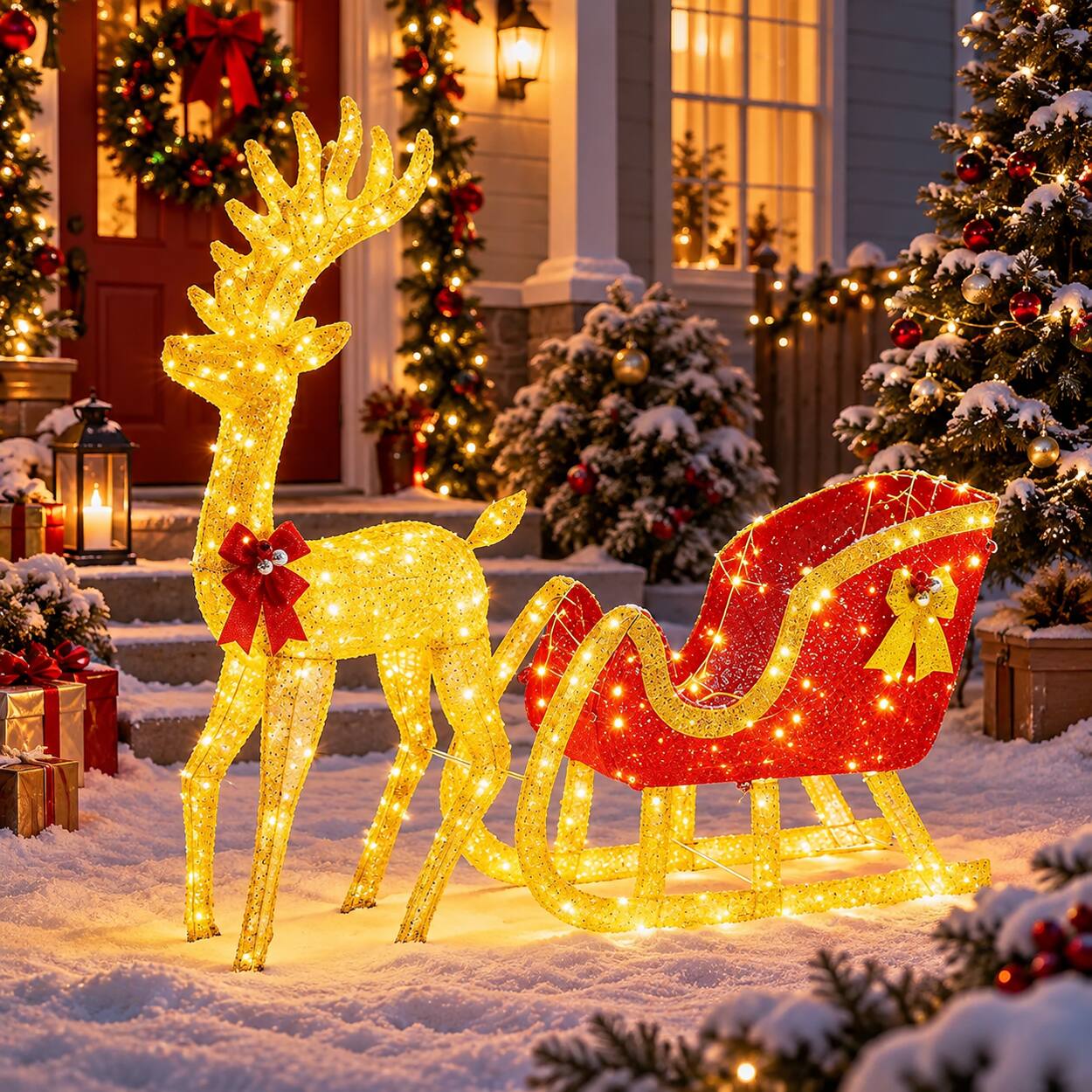 Angle. Sweet - 4 FT Pre-Lit Christmas Reindeer & Santa Sleigh Set with 180 LED Lights, Holiday Deer & Sled For Outdoor/Indoor - Gold.