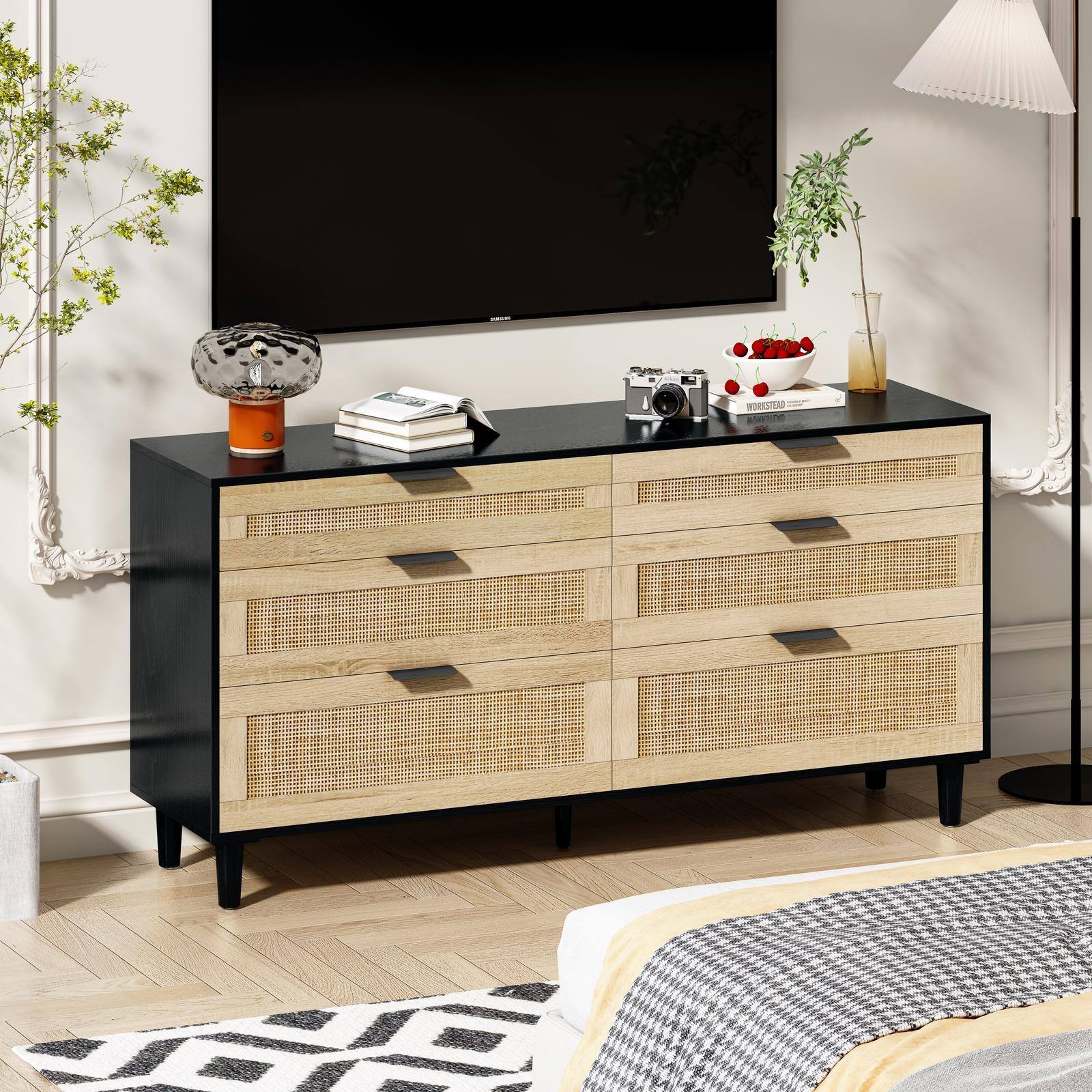 Back. Spaco - Spaco 59" Rattan 6-Drawer Dresser, Metal Handle and Wood Legs, for Bedroom, Living Room, Hallway - Black.